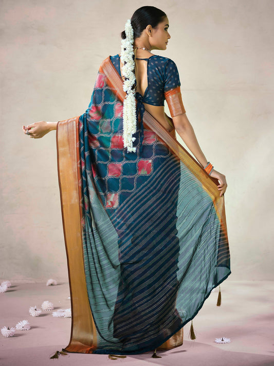 Teal Printed Georgette Saree with Zari Border & Blouse - Ressa