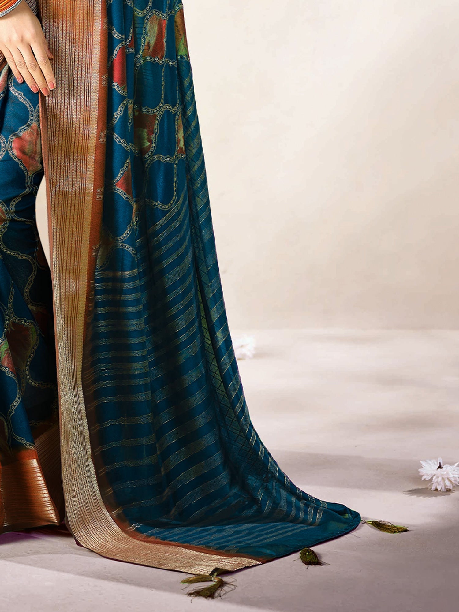 Teal Printed Georgette Saree with Zari Border & Blouse - Ressa