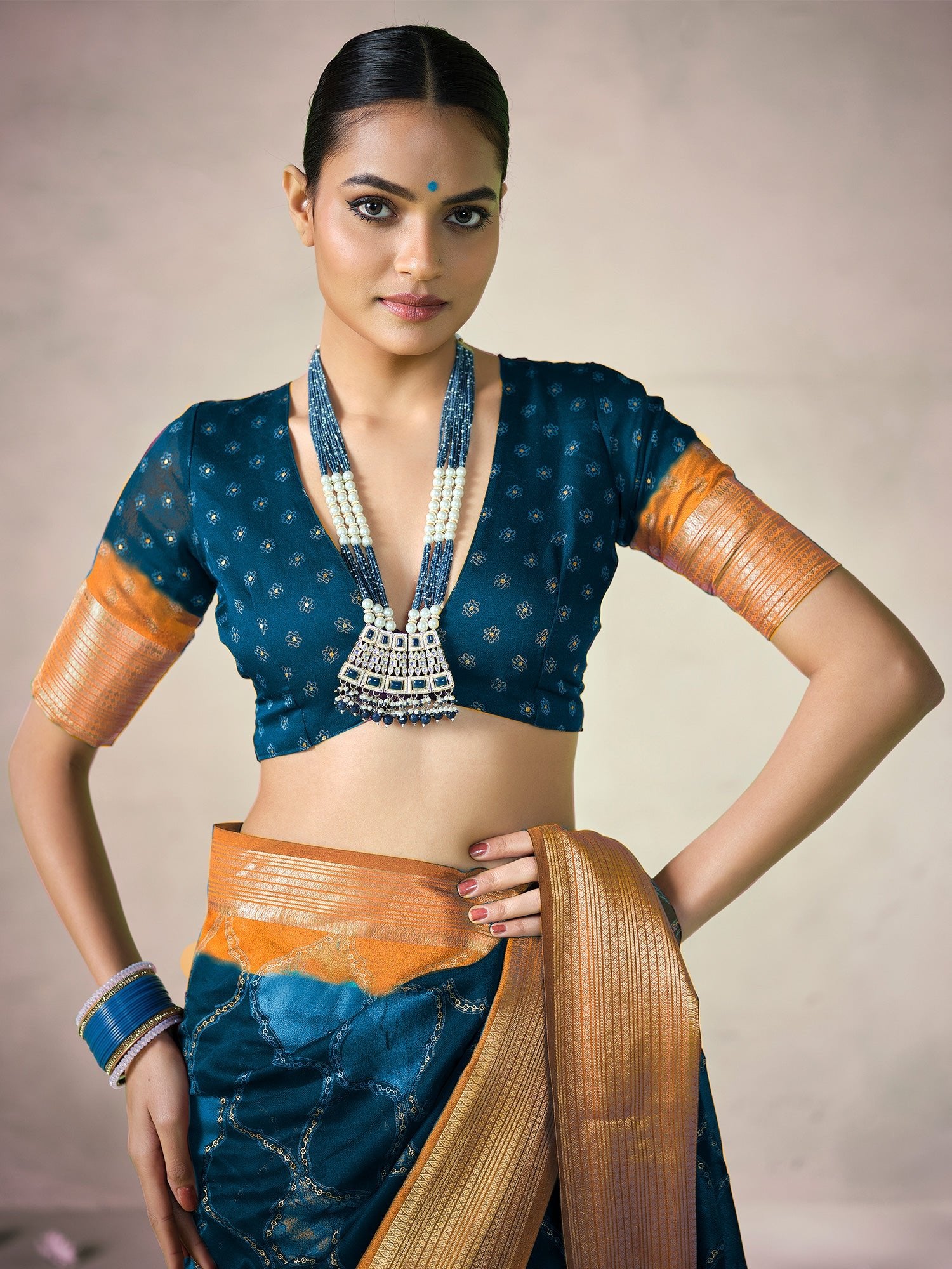 Teal Printed Georgette Saree with Zari Border & Blouse - Ressa
