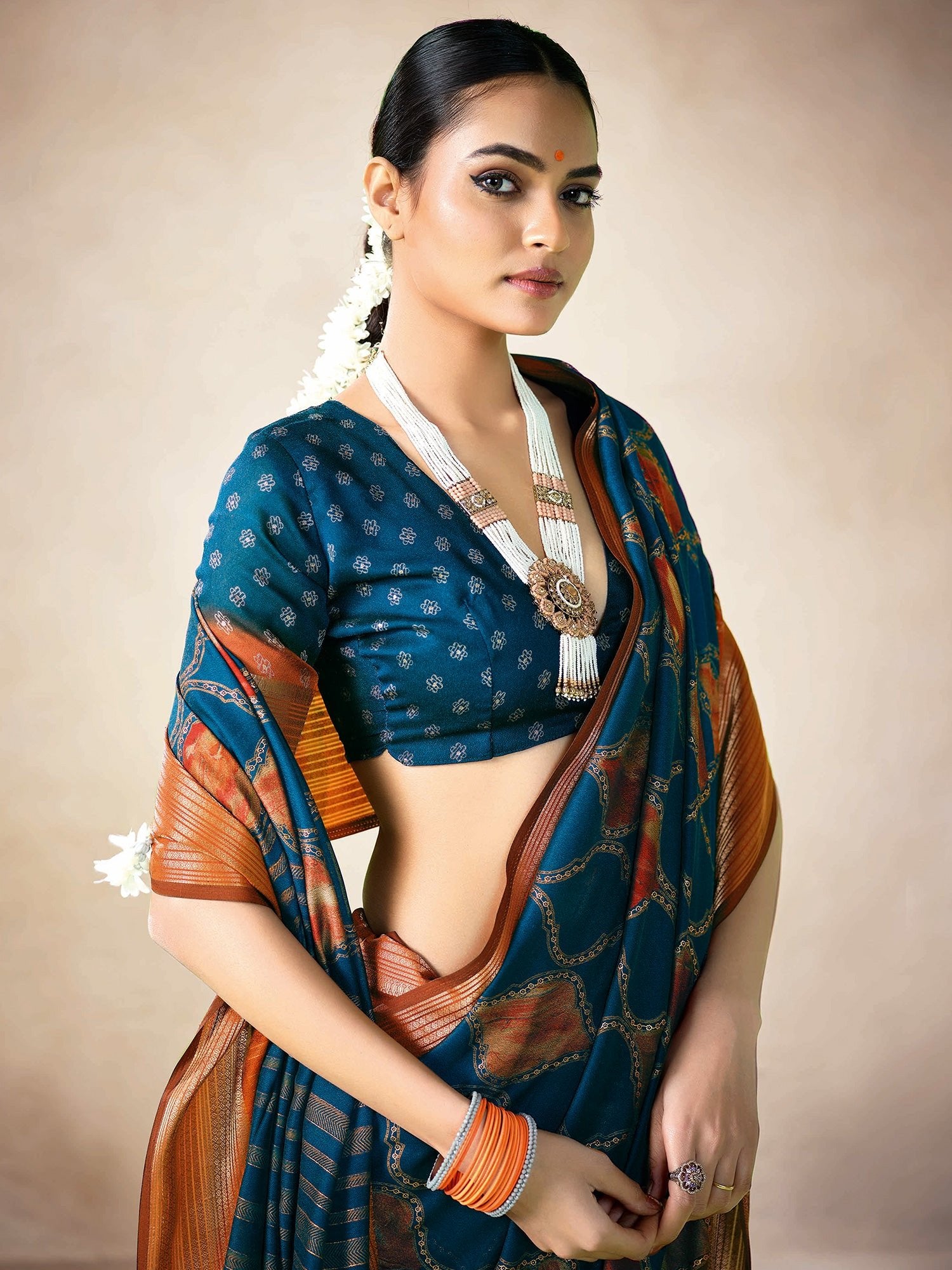 Teal Printed Georgette Saree with Zari Border & Blouse - Ressa