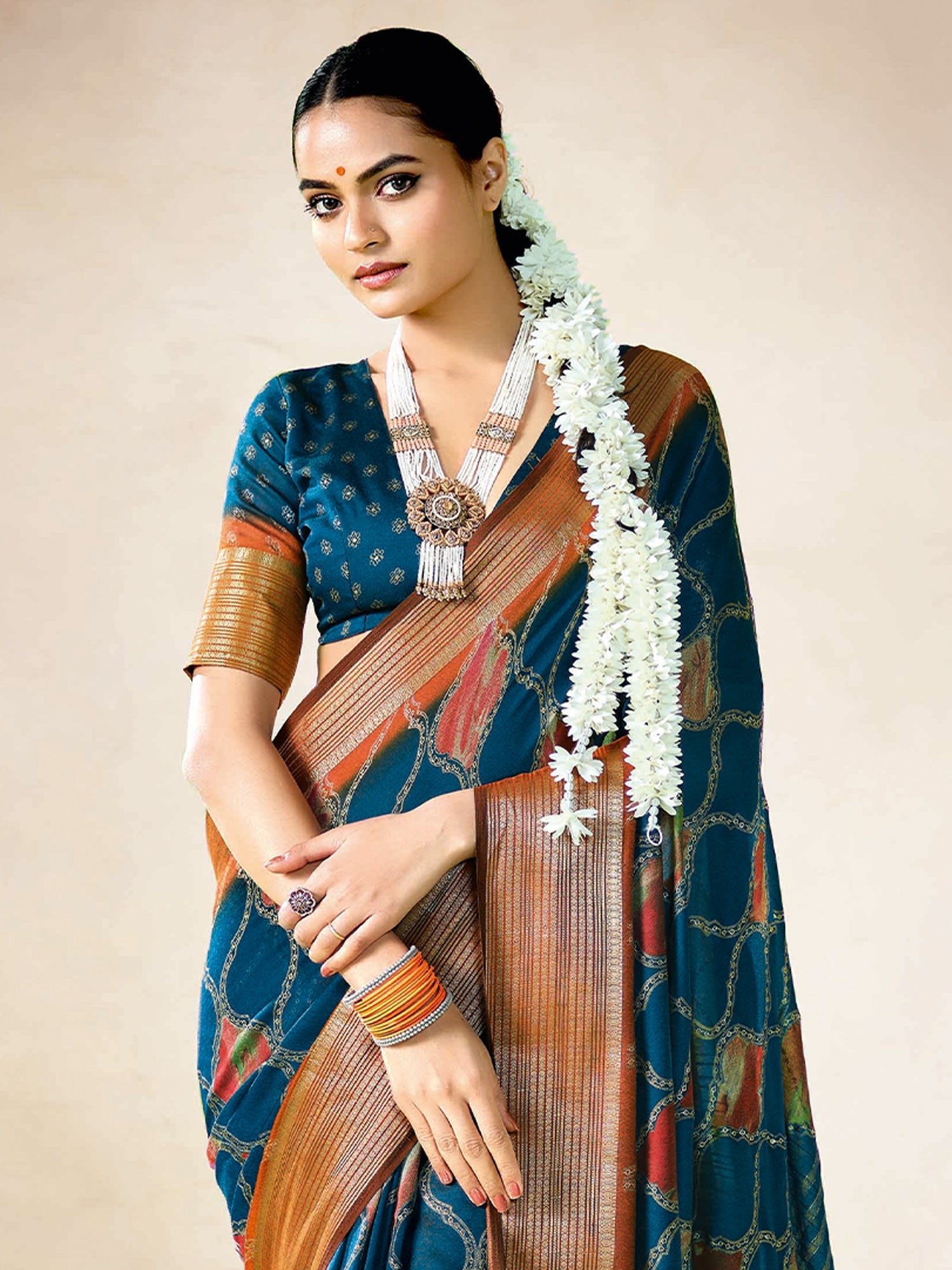 Teal Printed Georgette Saree with Zari Border & Blouse - Ressa