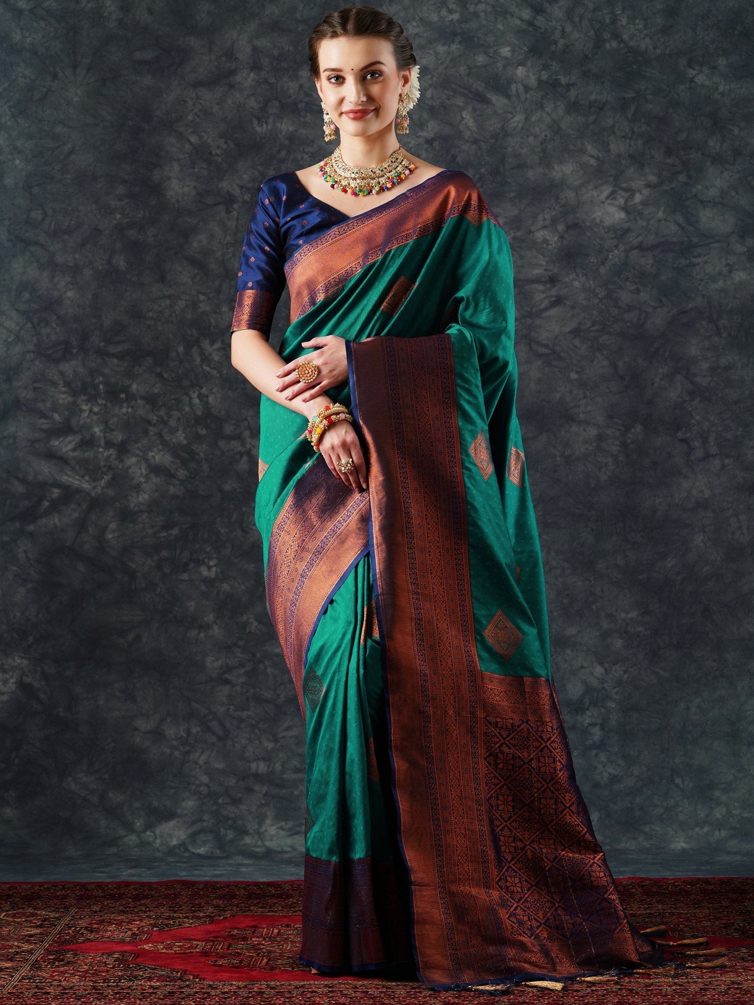 Teal & Purple Patola Silk Saree with Zari Border | - Ressa
