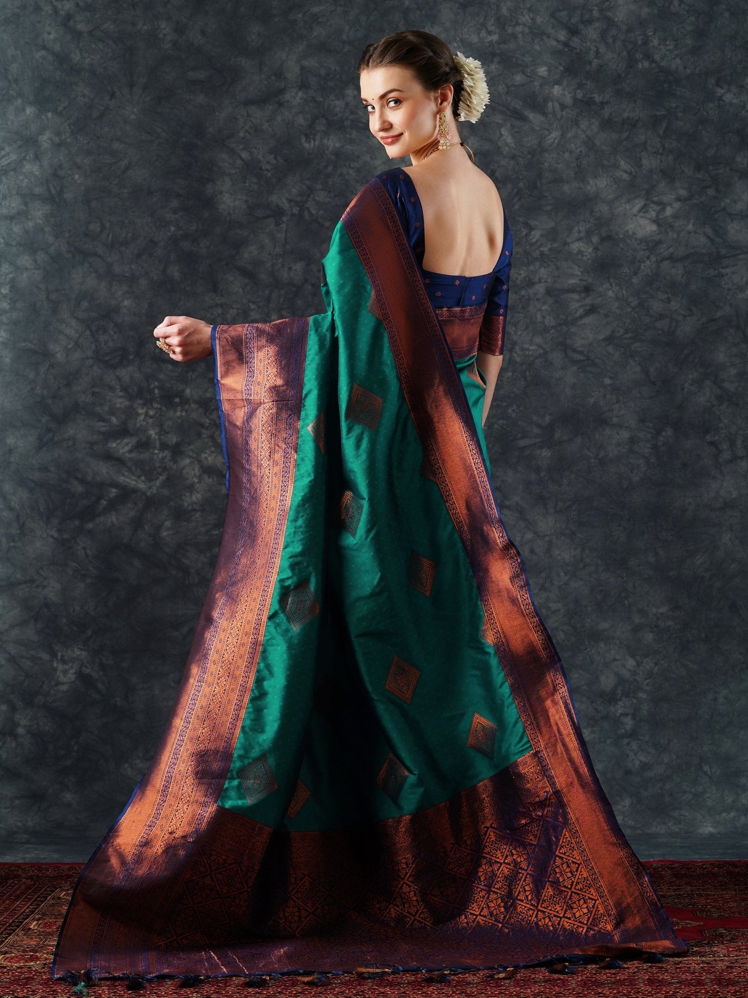 Teal & Purple Patola Silk Saree with Zari Border | - Ressa