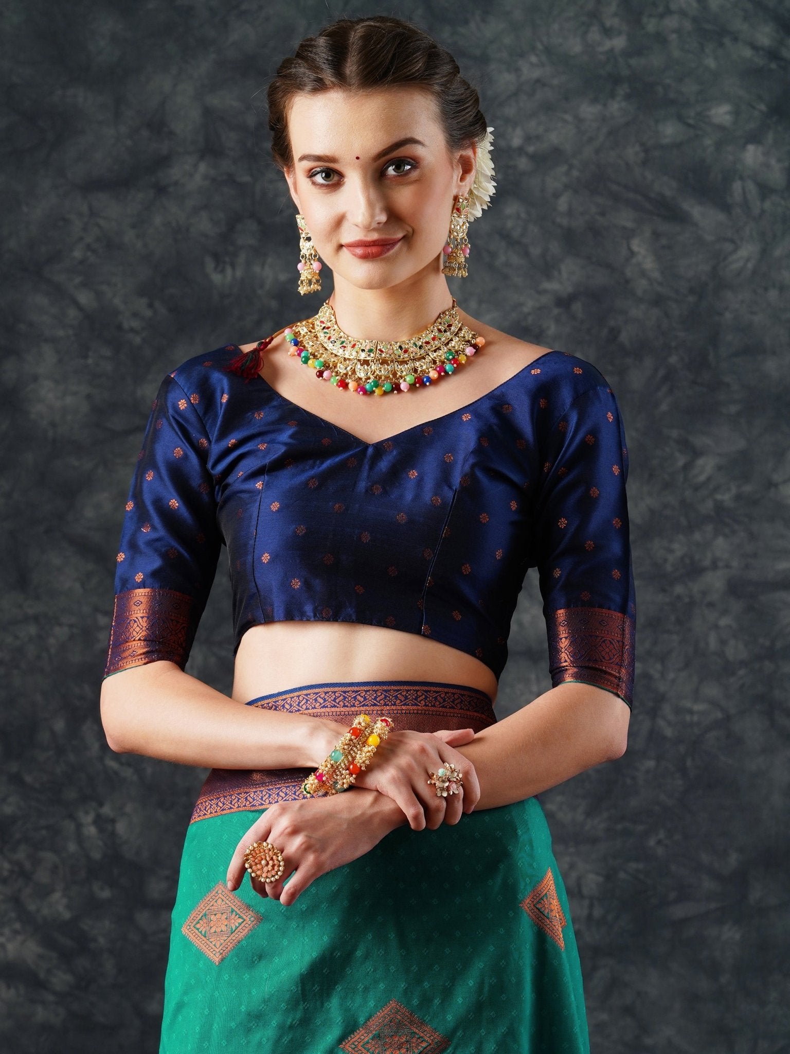 Teal & Purple Patola Silk Saree with Zari Border | - Ressa