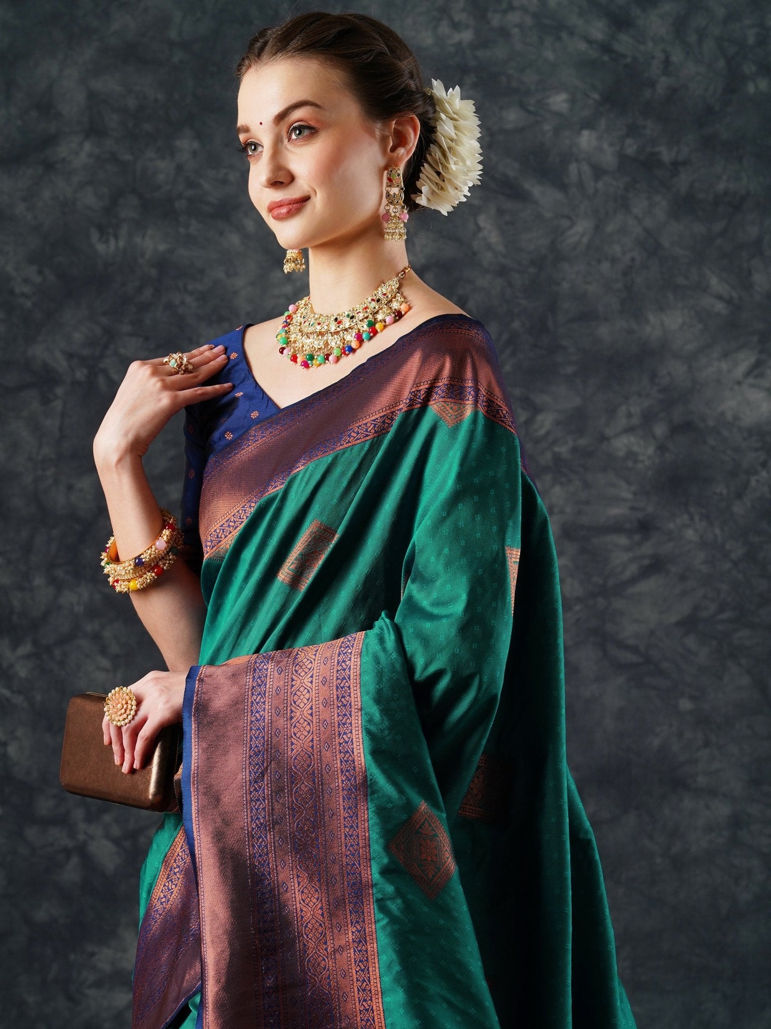 Teal & Purple Patola Silk Saree with Zari Border | - Ressa