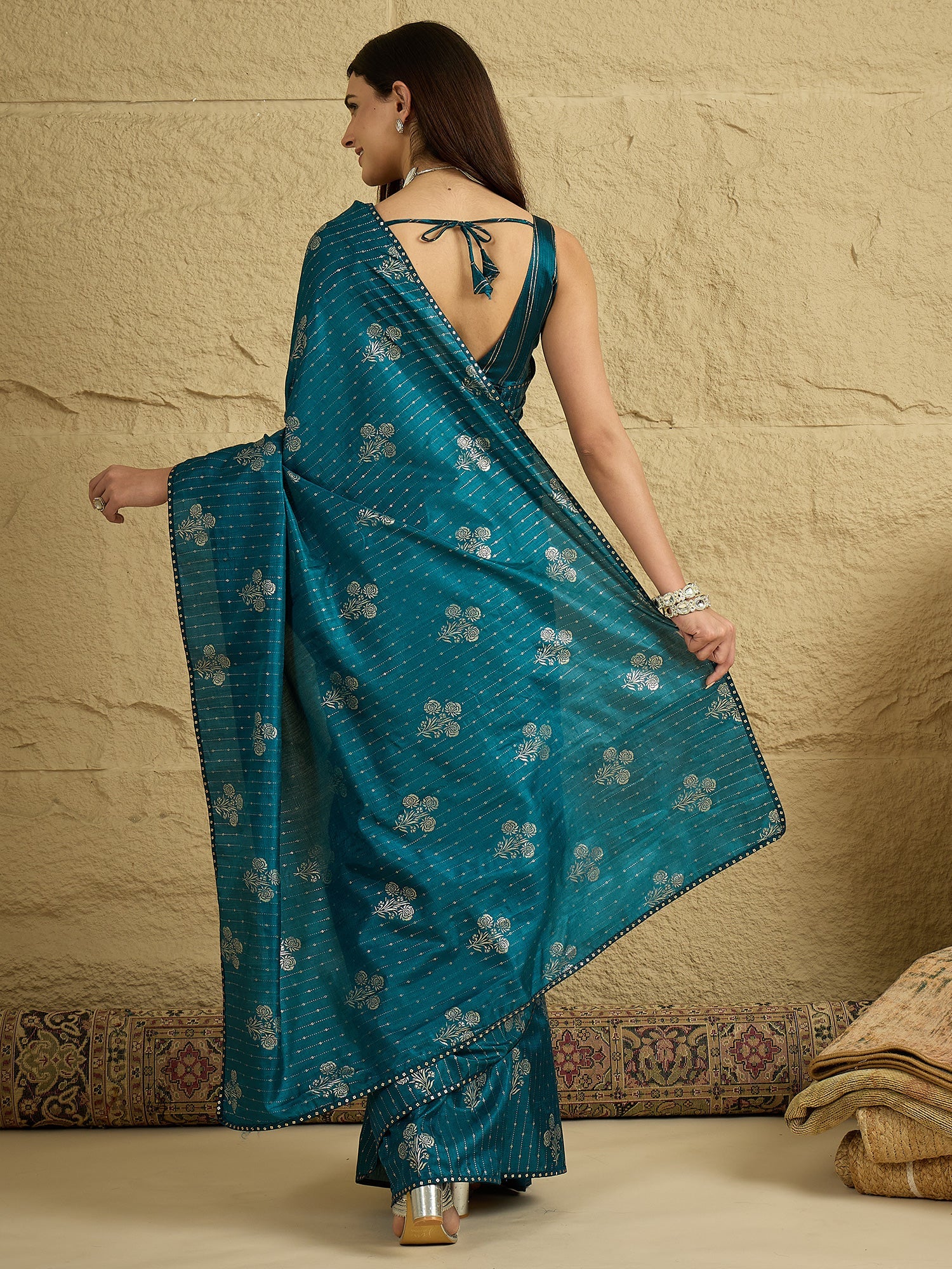 Teal Saree Foil Print Art Silk Saree - Ressa