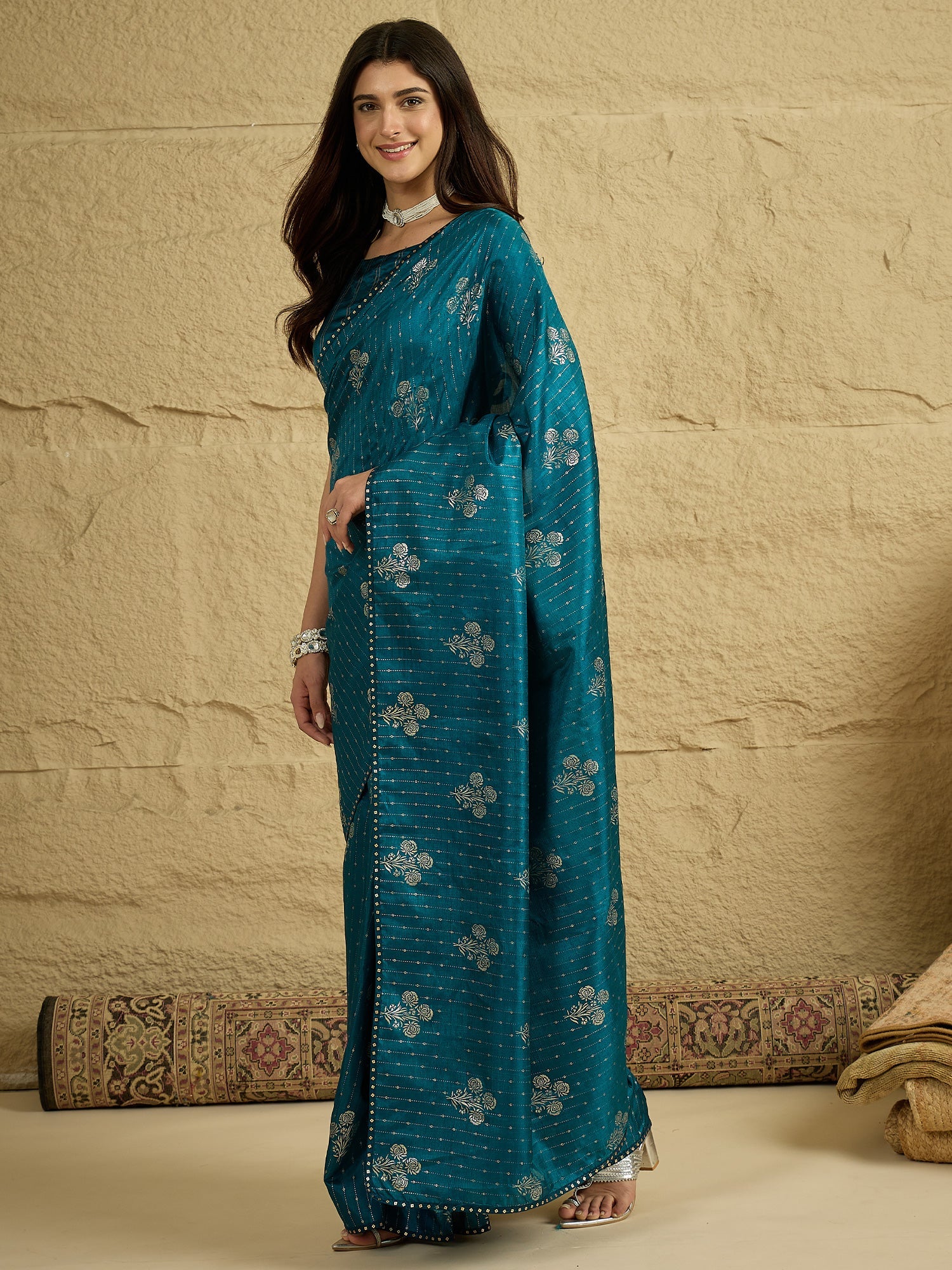 Teal Saree Foil Print Art Silk Saree - Ressa