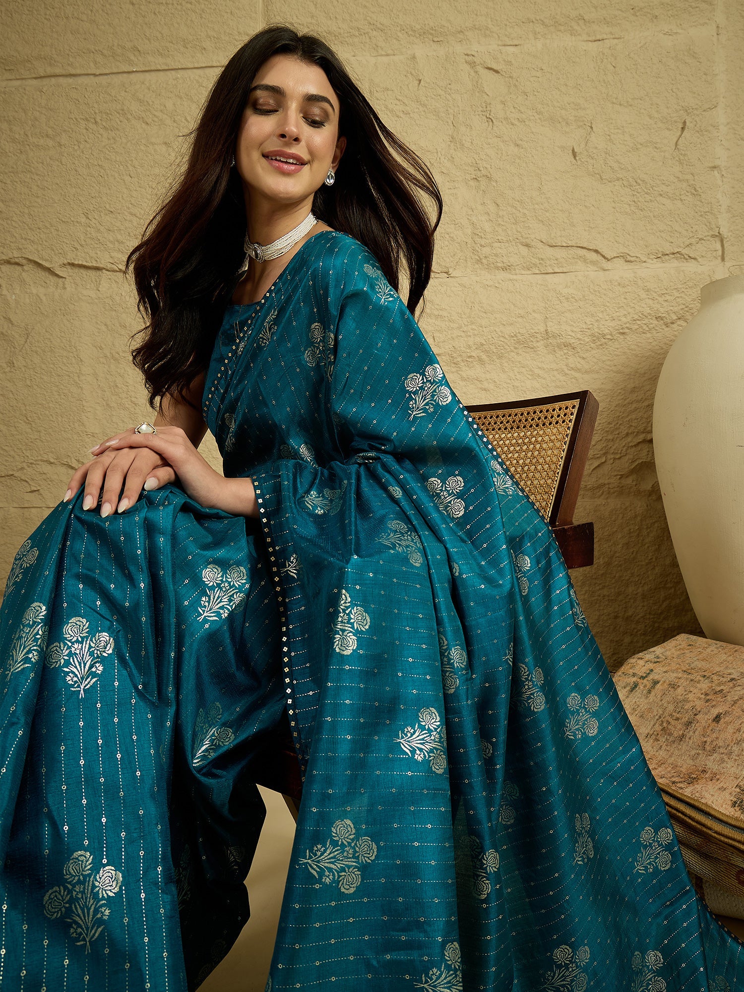 Teal Saree Foil Print Art Silk Saree - Ressa