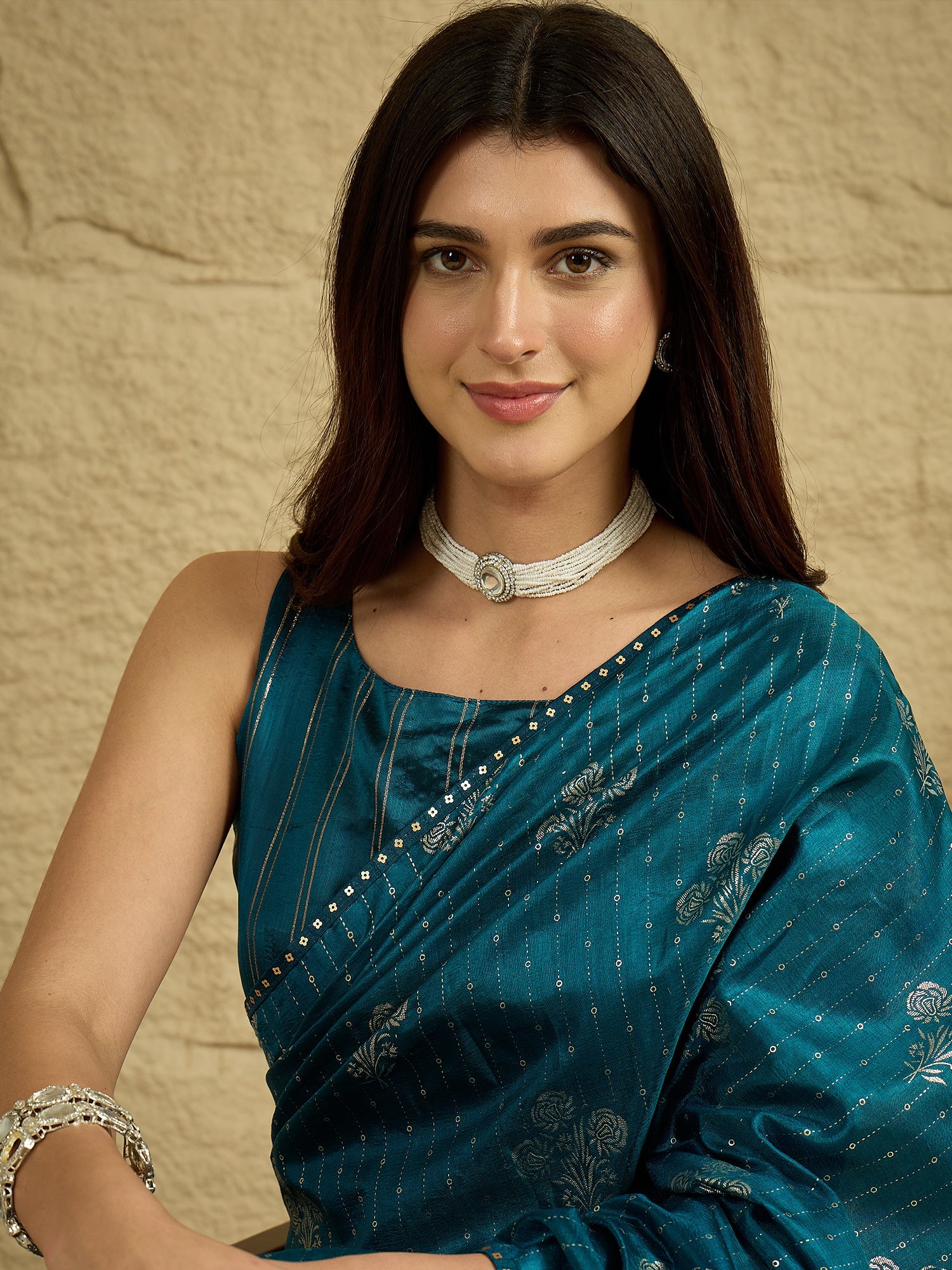 Teal Saree Foil Print Art Silk Saree - Ressa