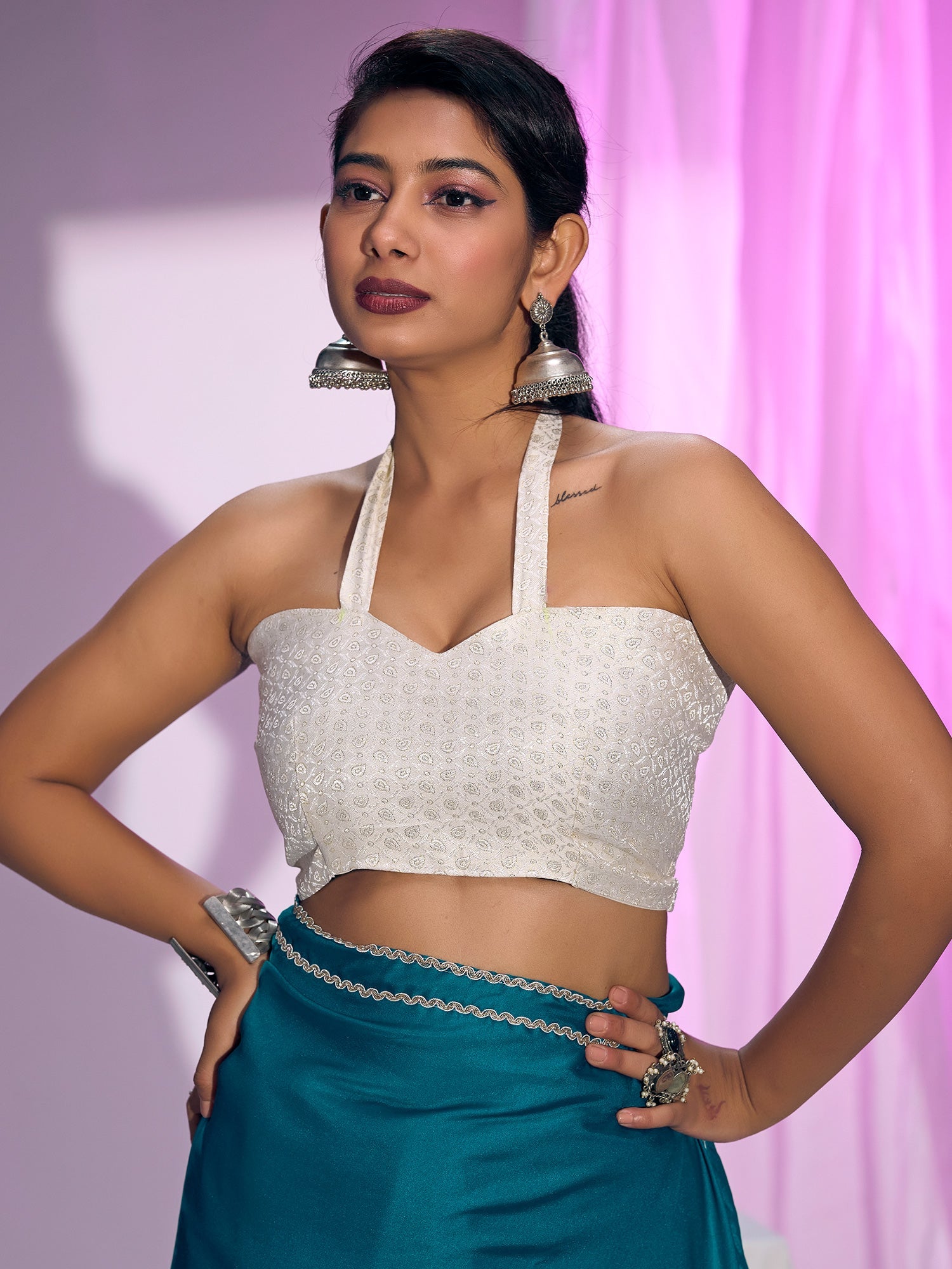 Teal Satin Saree with Silver Lace Border - Ressa