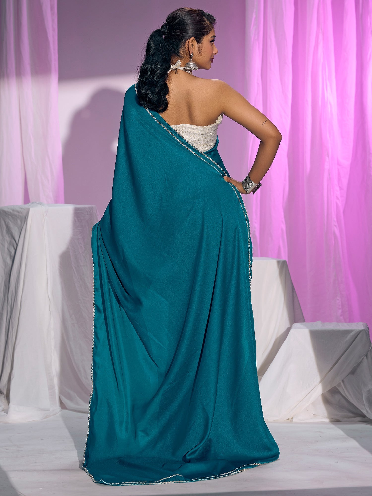 Teal Satin Saree with Silver Lace Border - Ressa