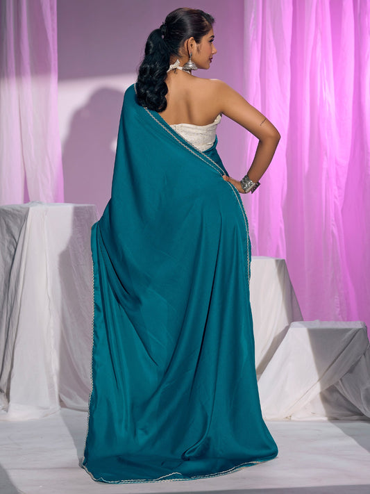 Teal Satin Saree with Silver Lace Border - Ressa