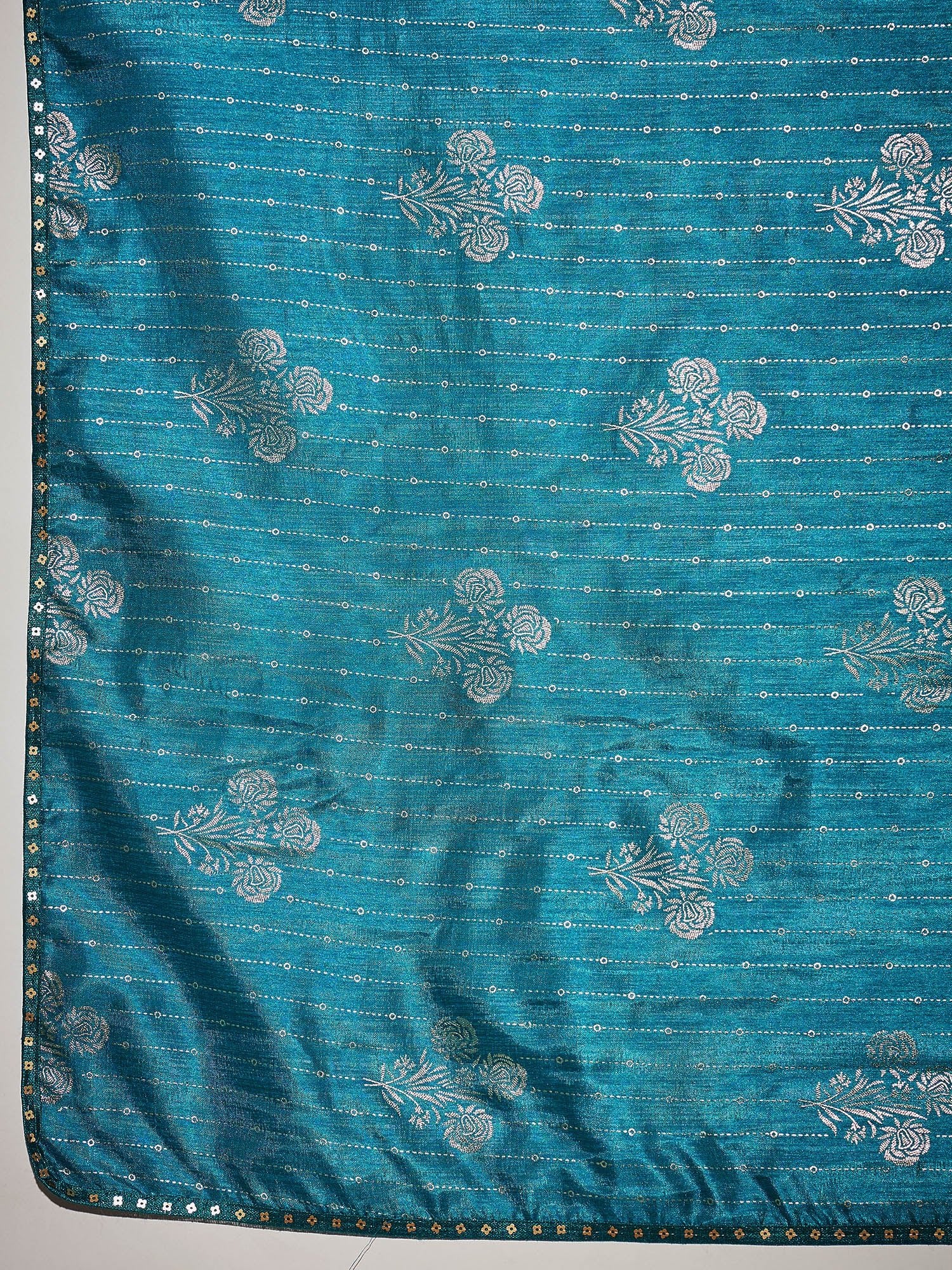 Teal Silk Blend Silver Foil Print Saree - Ressa