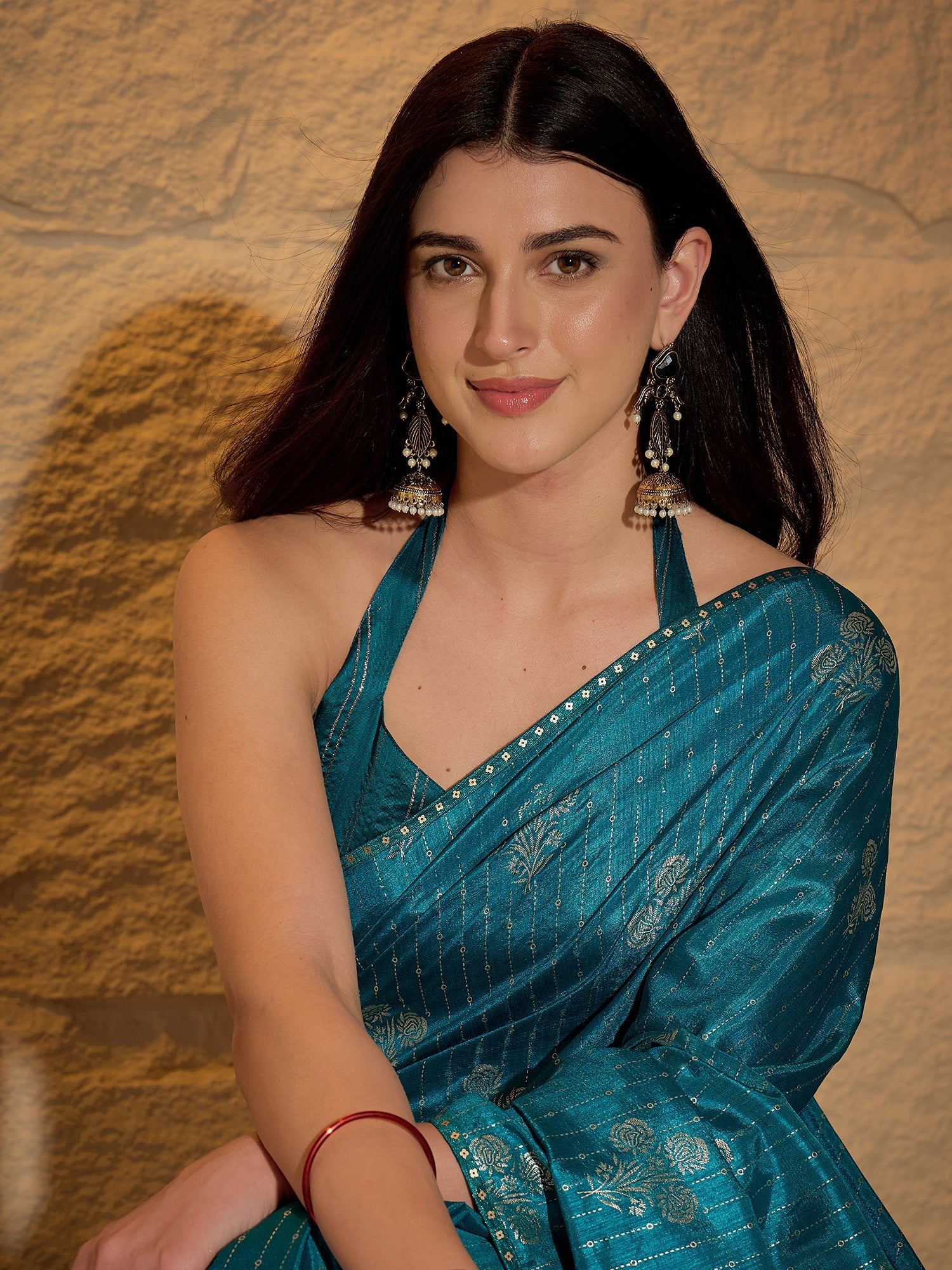 Teal Silk Blend Silver Foil Print Saree - Ressa