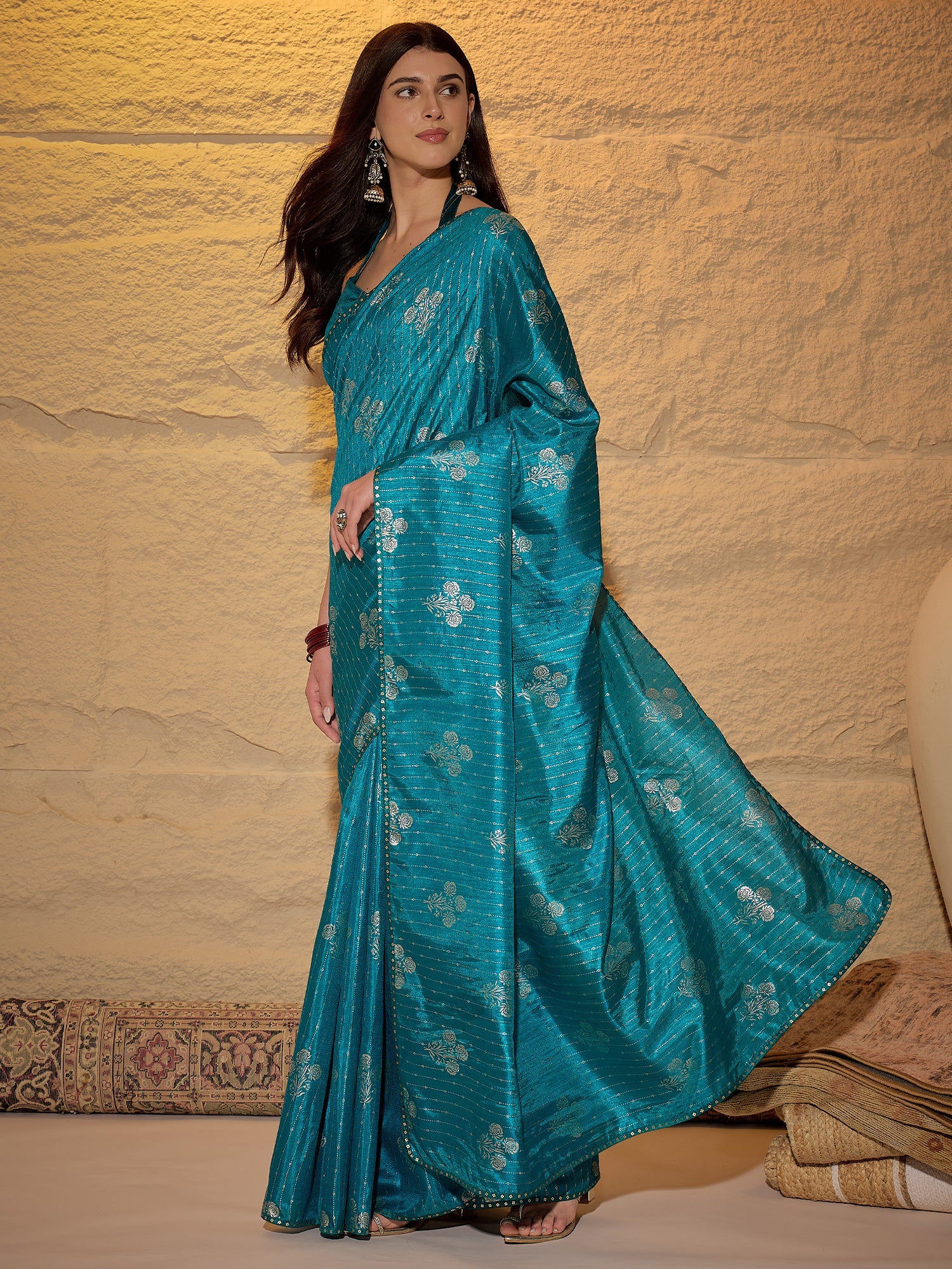 Teal Silk Blend Silver Foil Print Saree - Ressa