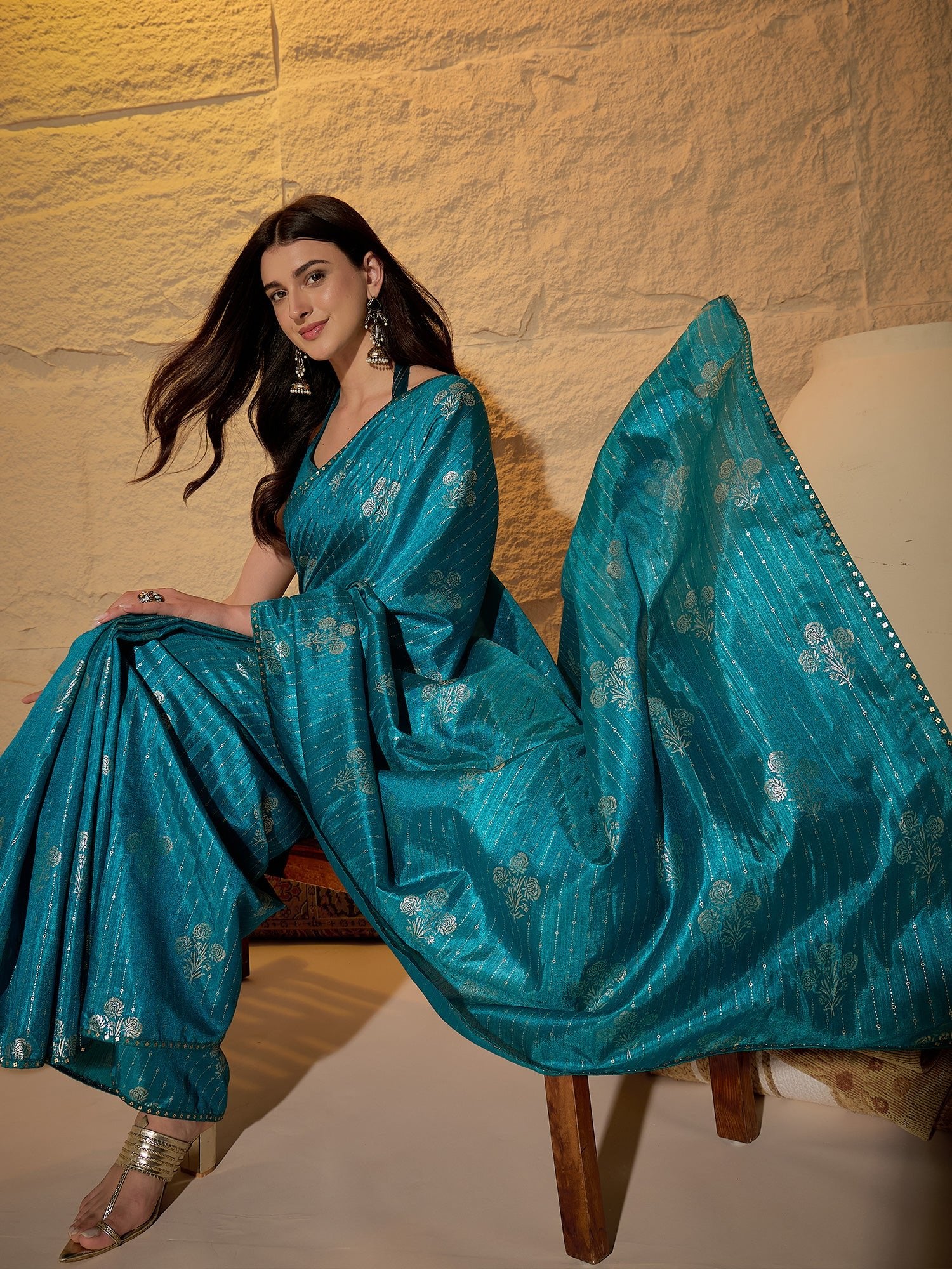 Teal Silk Blend Silver Foil Print Saree - Ressa