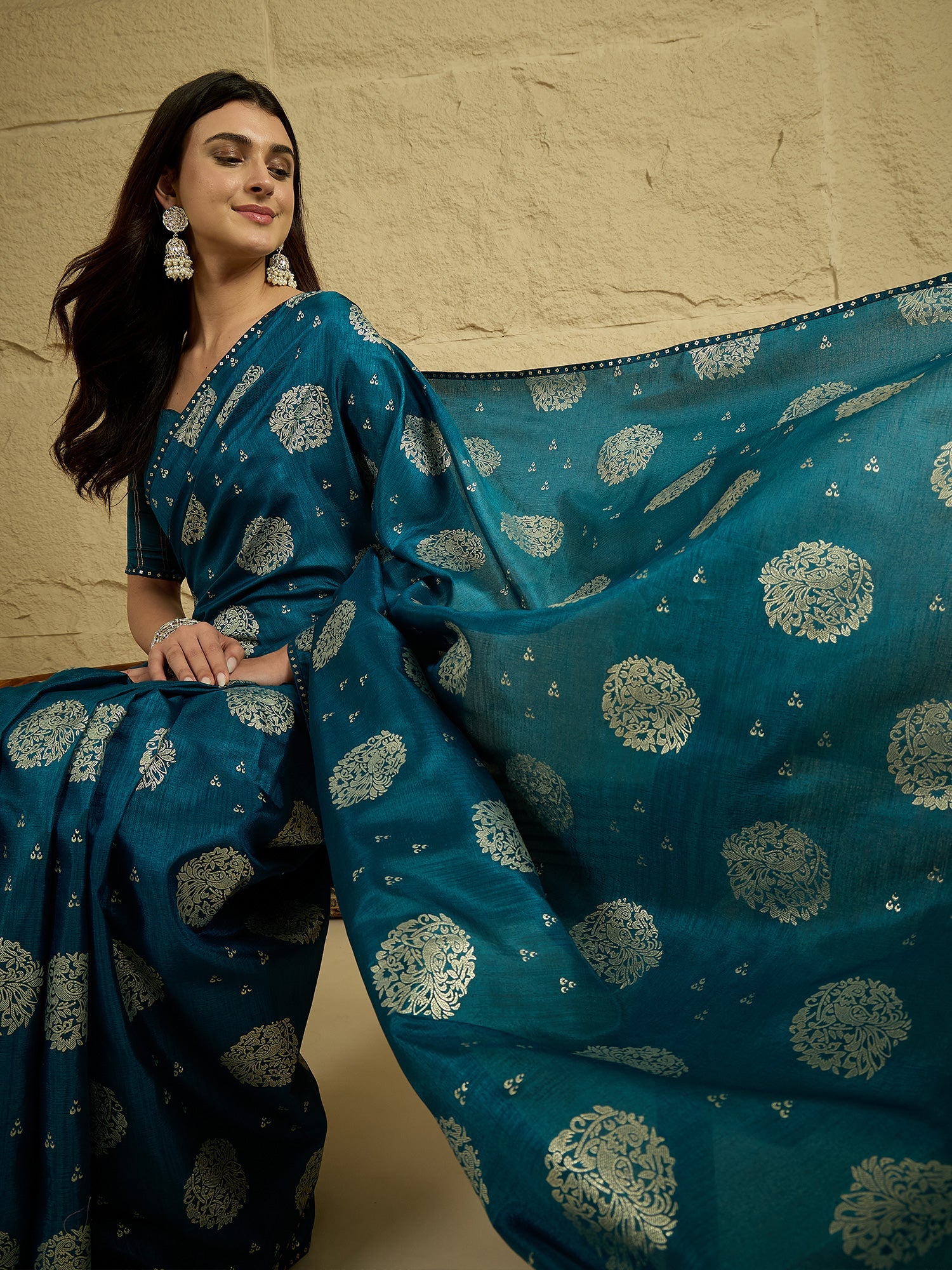 Teal Silk Blend Traditional Woven Saree - Ressa