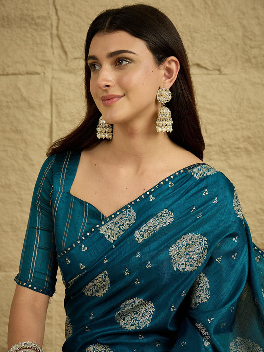 Teal Silk Blend Traditional Woven Saree - Ressa