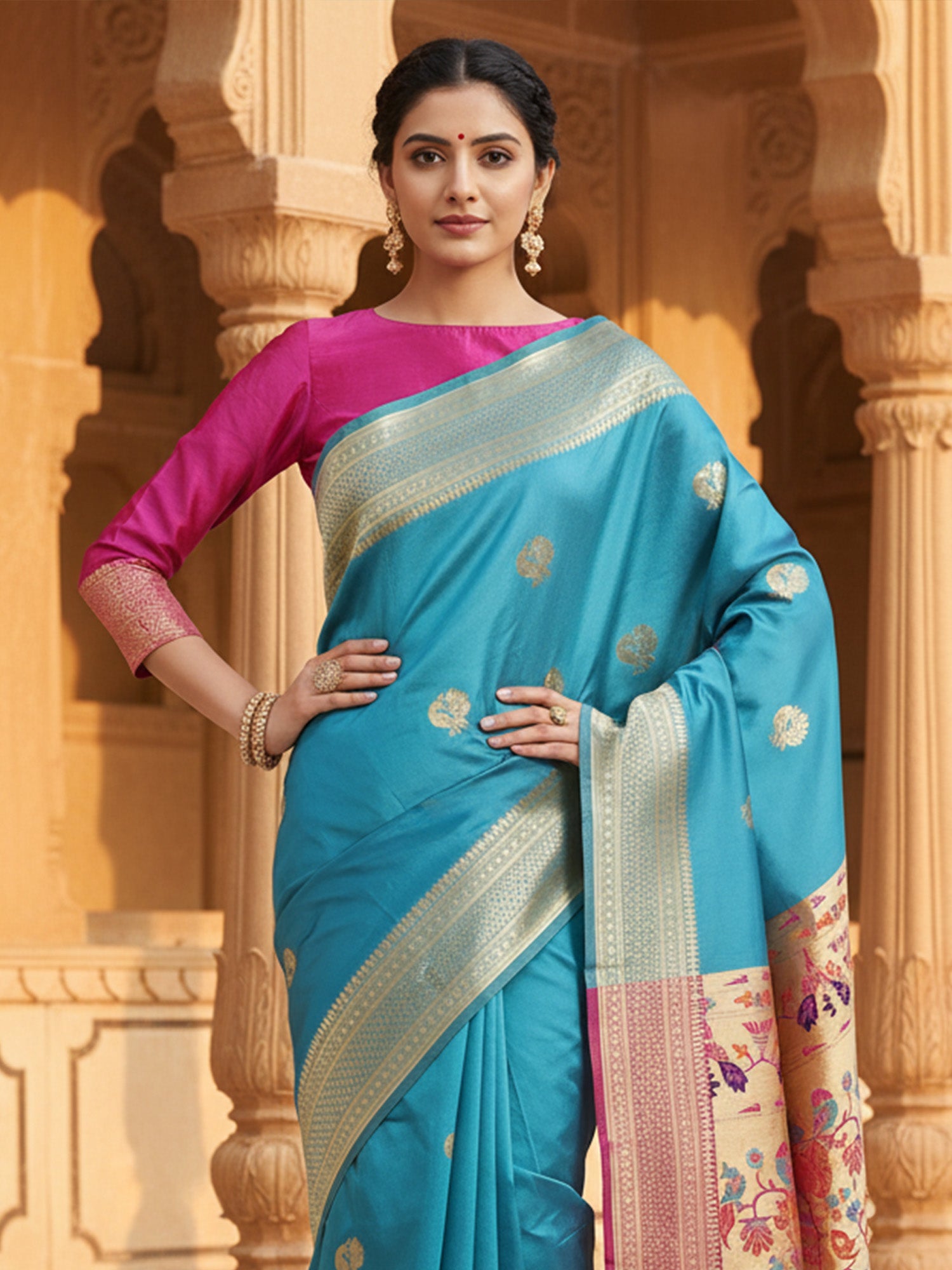 Teal Silk Saree with Paithani Pallu - Ressa
