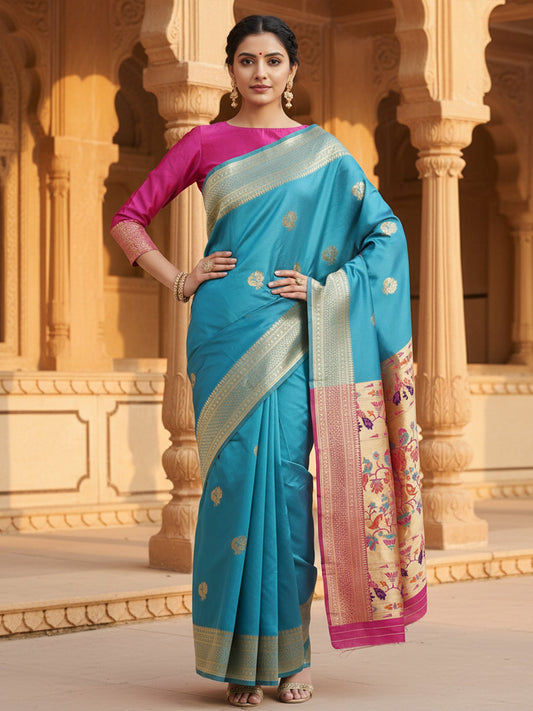 Teal Silk Saree with Paithani Pallu - Ressa