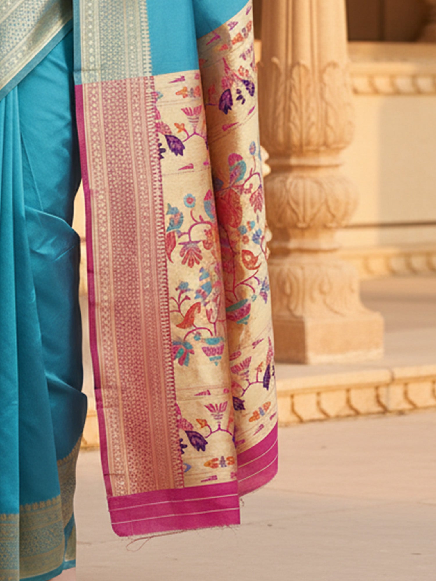 Teal Silk Saree with Paithani Pallu - Ressa