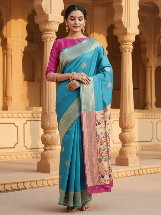 Teal Silk Saree with Paithani Pallu - Ressa