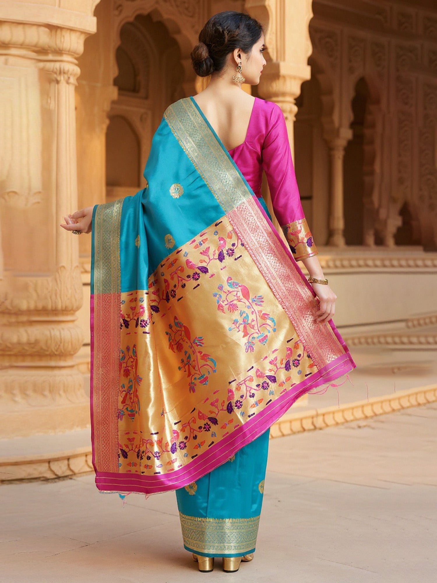 Teal Silk Saree with Paithani Pallu - Ressa