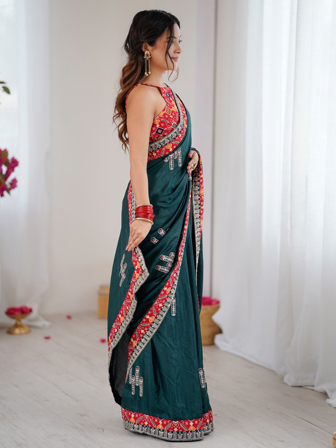 Teal Silk Saree with Patola Border - Ressa