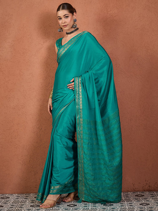 Teal Silk Saree with Zari Border & Blouse Piece - Ressa
