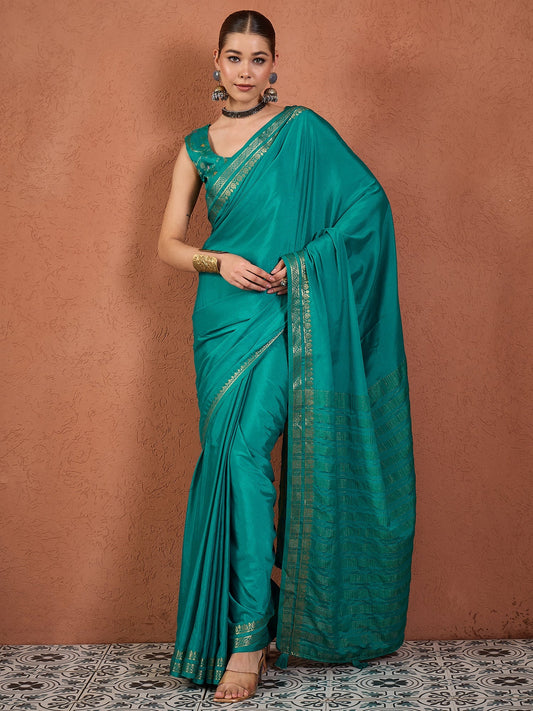 Teal Silk Saree with Zari Border & Blouse Piece - Ressa
