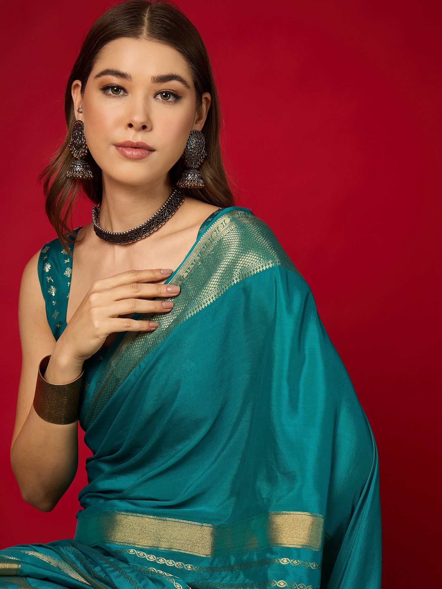Teal Silk Saree with Zari Border & Embroidered Blouse - Ressa