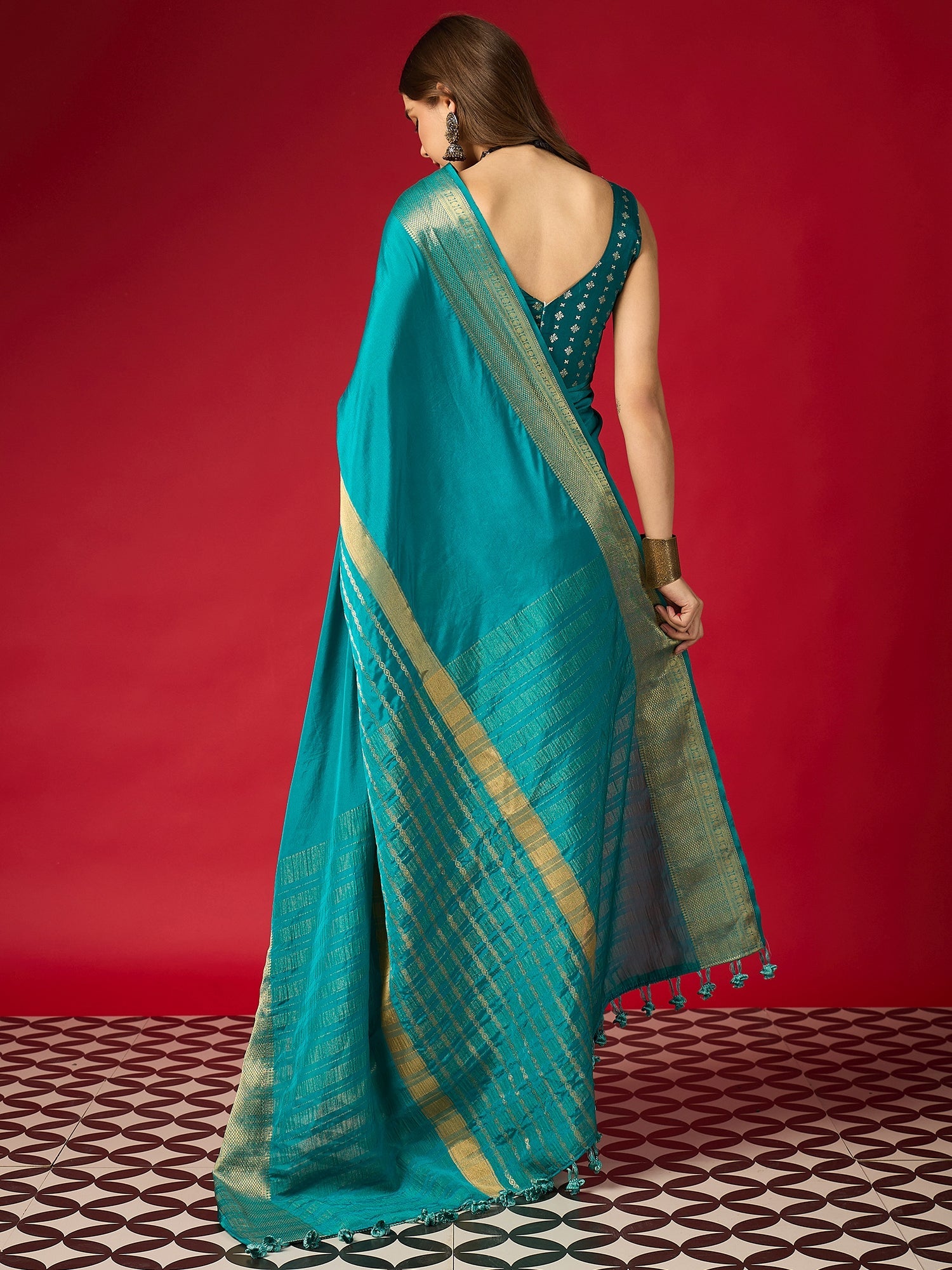 Teal Silk Saree with Zari Border & Embroidered Blouse - Ressa