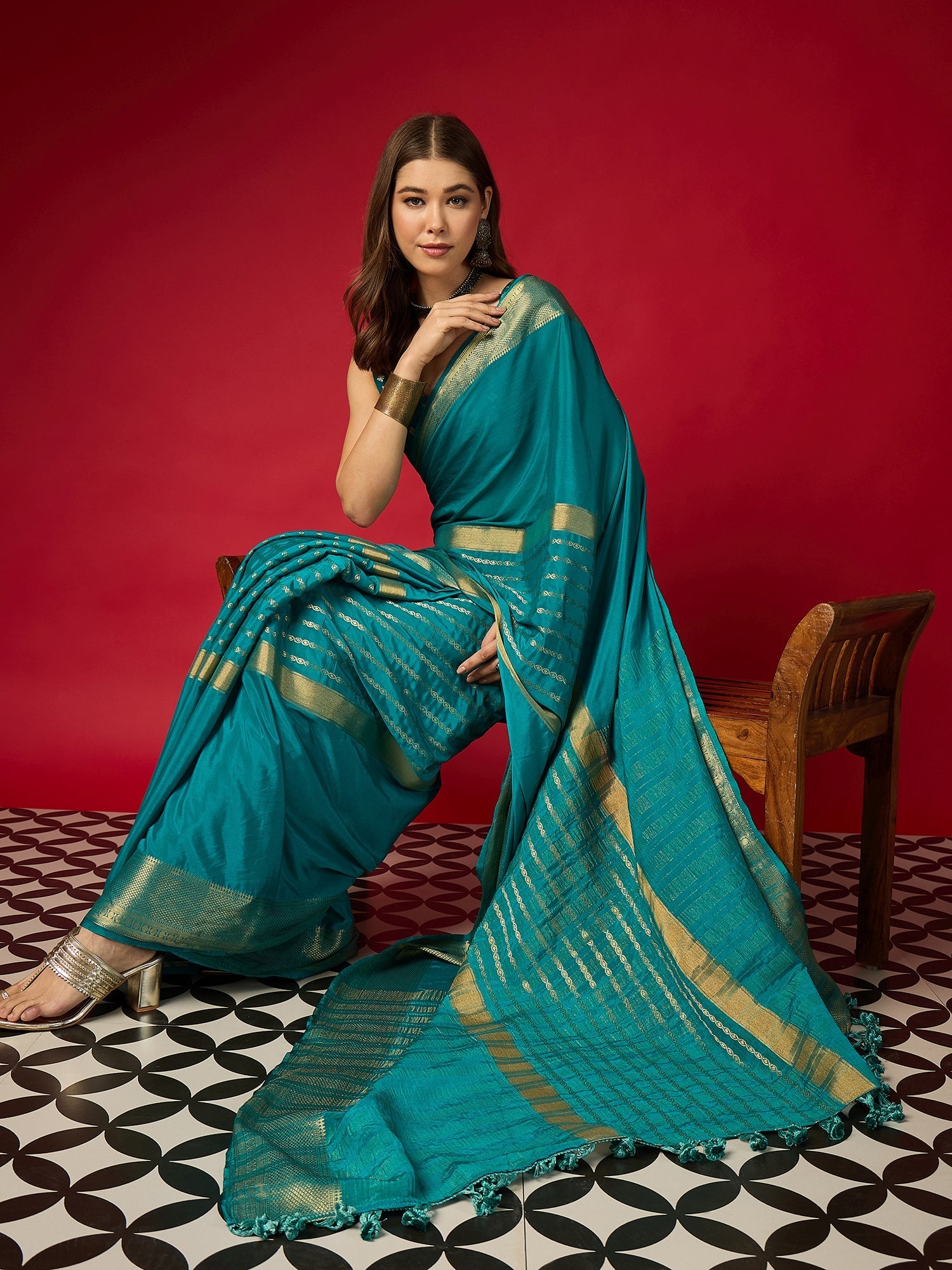 Teal Silk Saree with Zari Border & Embroidered Blouse - Ressa