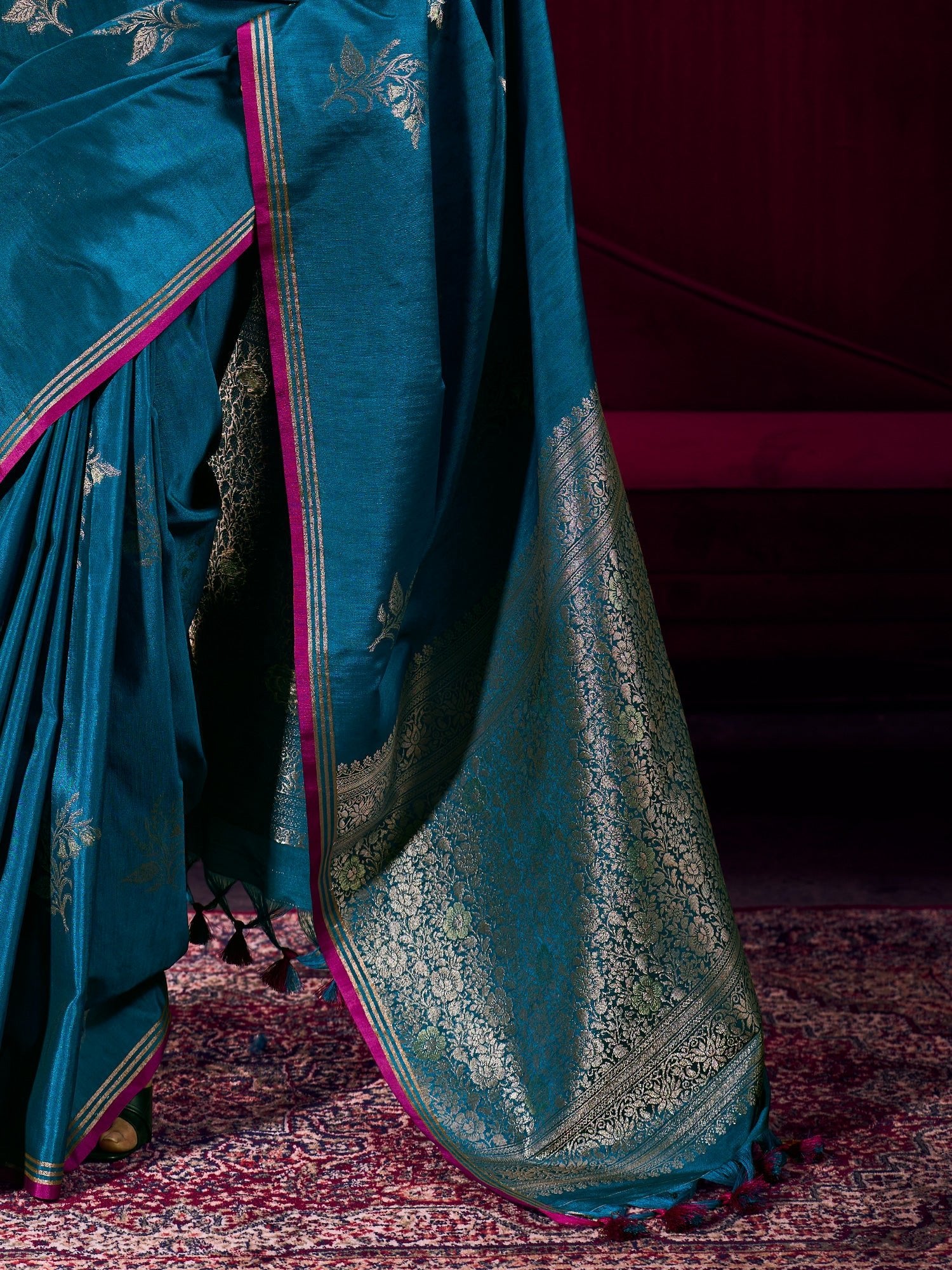 Teal Silk Saree with Zari Stripes - Ressa