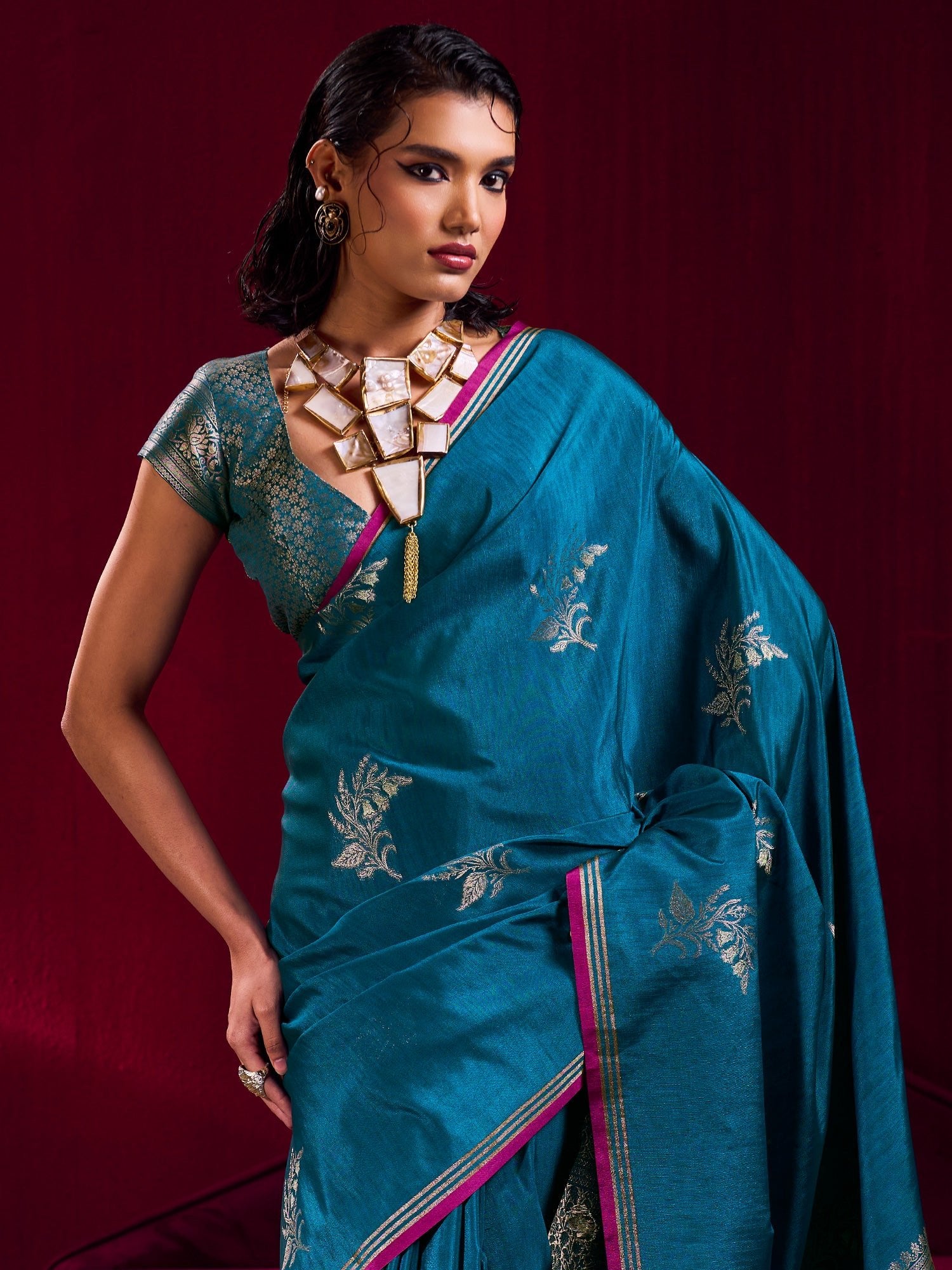 Teal Silk Saree with Zari Stripes - Ressa