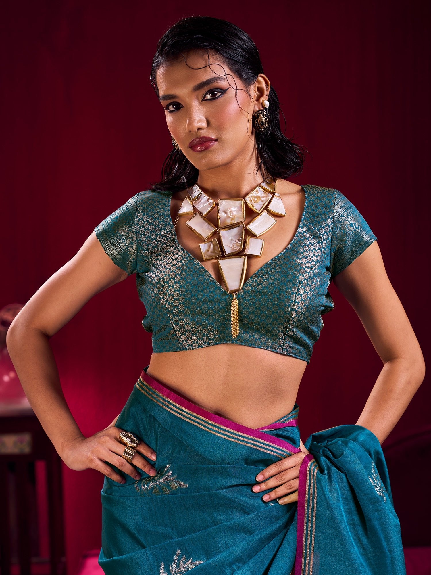 Teal Silk Saree with Zari Stripes - Ressa