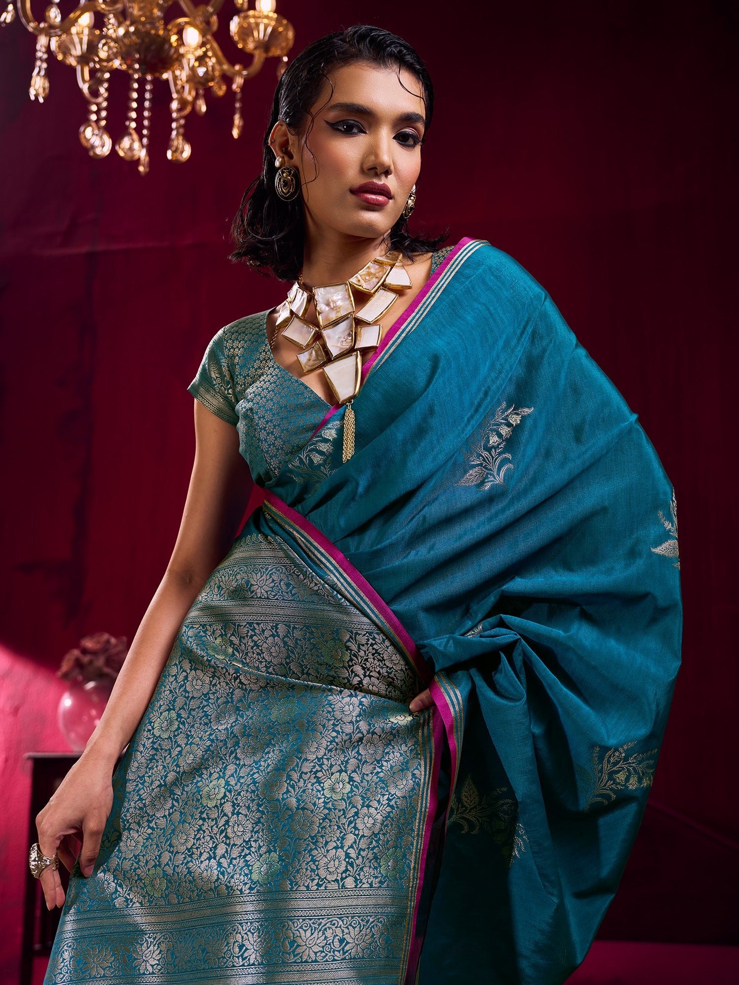 Teal Silk Saree with Zari Stripes - Ressa