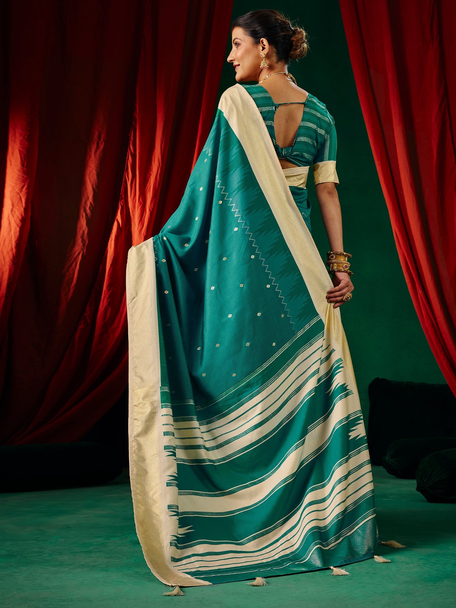 Teal Tussar Silk Saree with Cream Zari Border & Mirror Work - Ressa