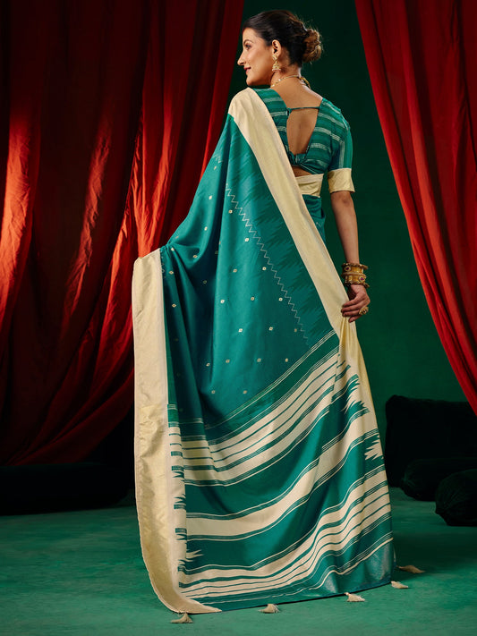 Teal Tussar Silk Saree with Cream Zari Border & Mirror Work - Ressa