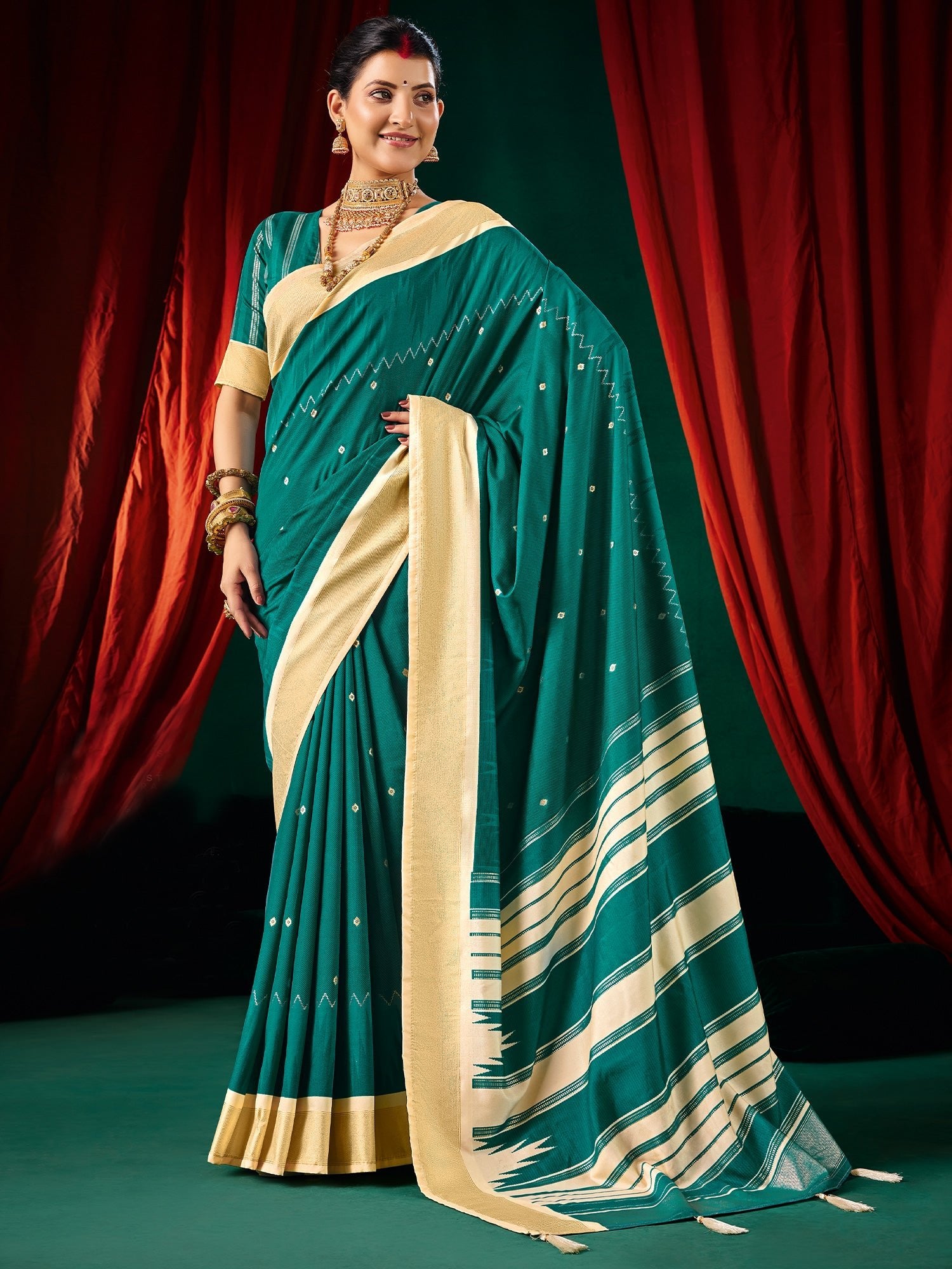 Teal Tussar Silk Saree with Cream Zari Border & Mirror Work - Ressa