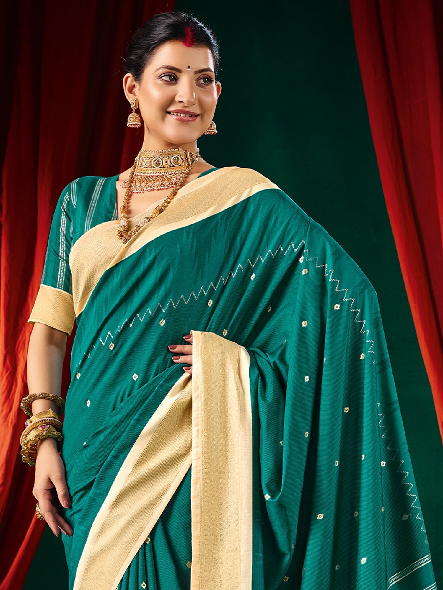 Teal Tussar Silk Saree with Cream Zari Border & Mirror Work - Ressa