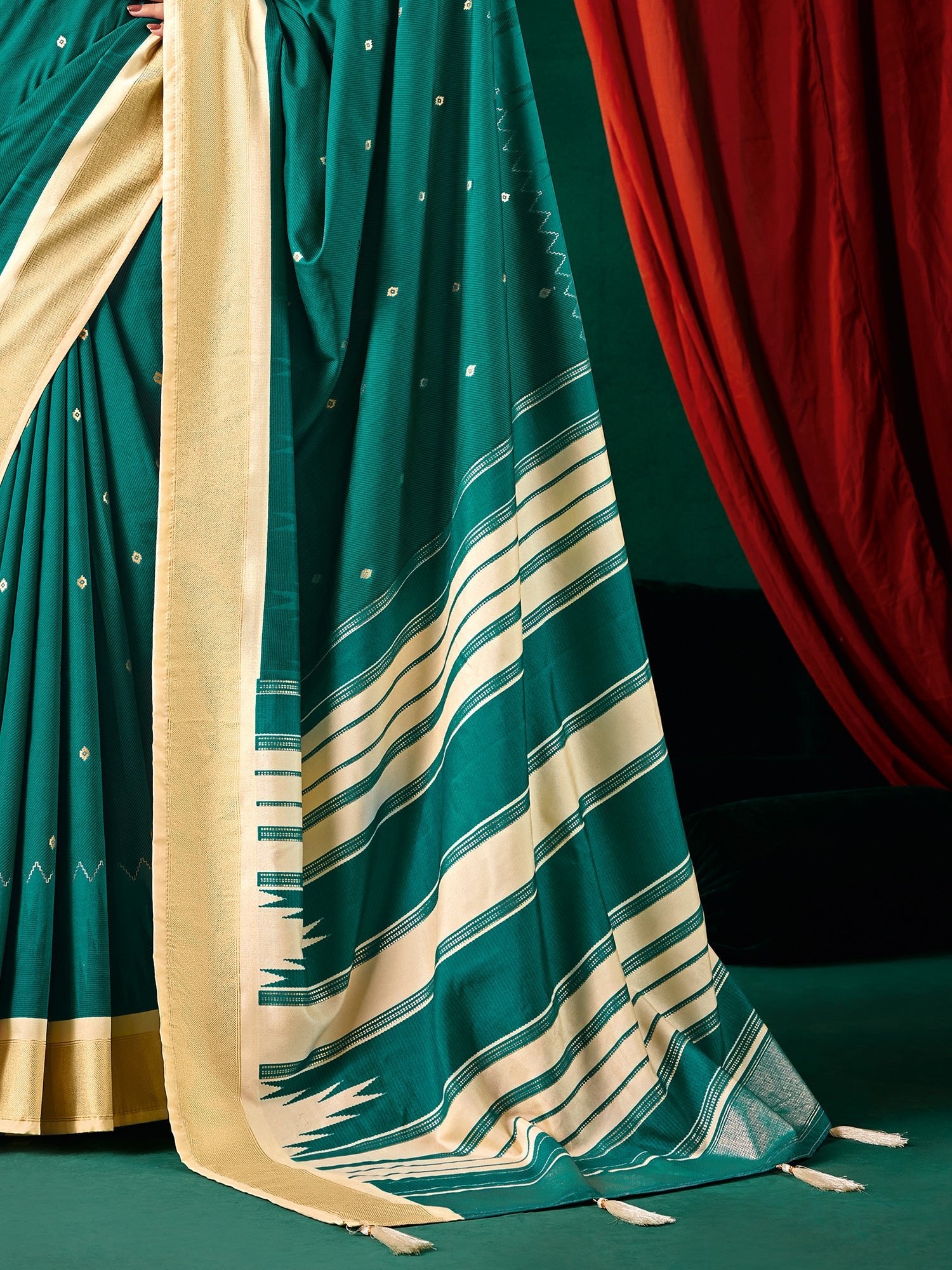 Teal Tussar Silk Saree with Cream Zari Border & Mirror Work - Ressa