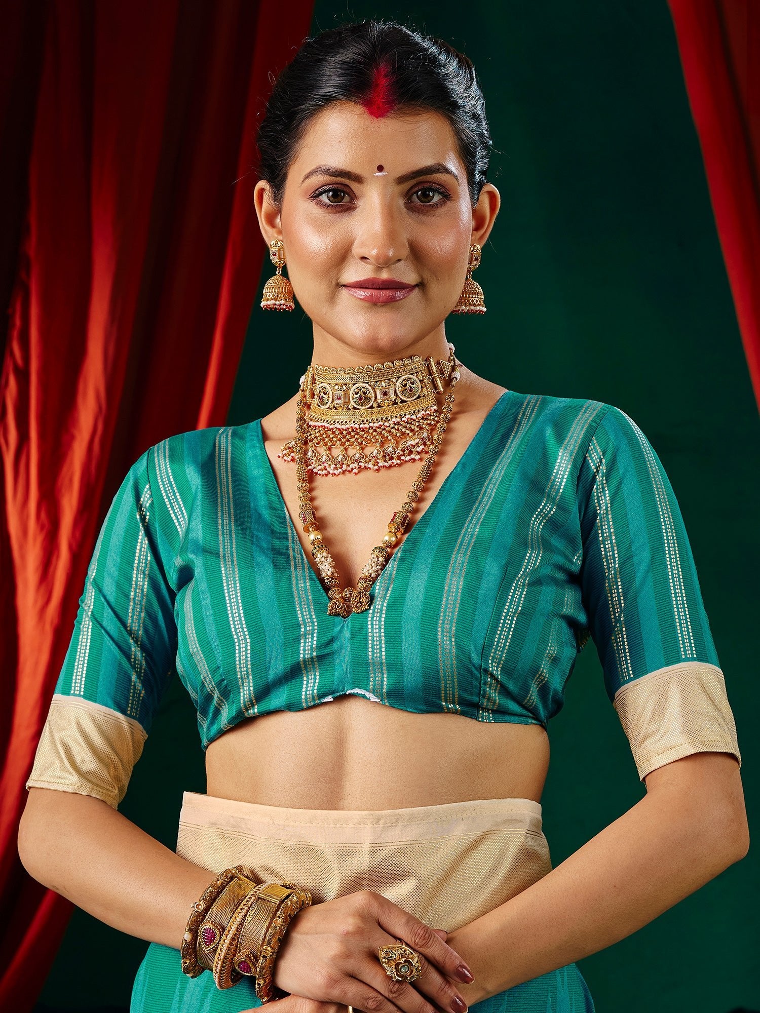 Teal Tussar Silk Saree with Cream Zari Border & Mirror Work - Ressa
