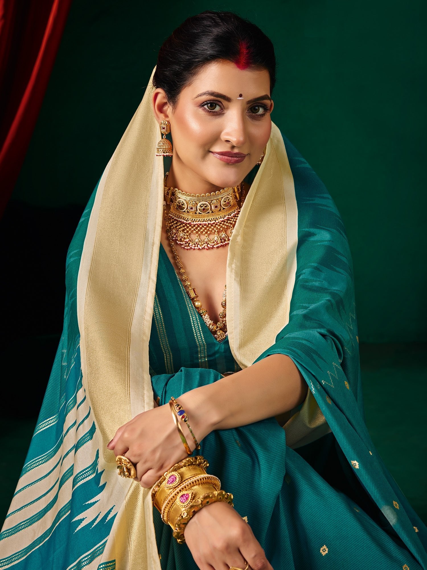 Teal Tussar Silk Saree with Cream Zari Border & Mirror Work - Ressa