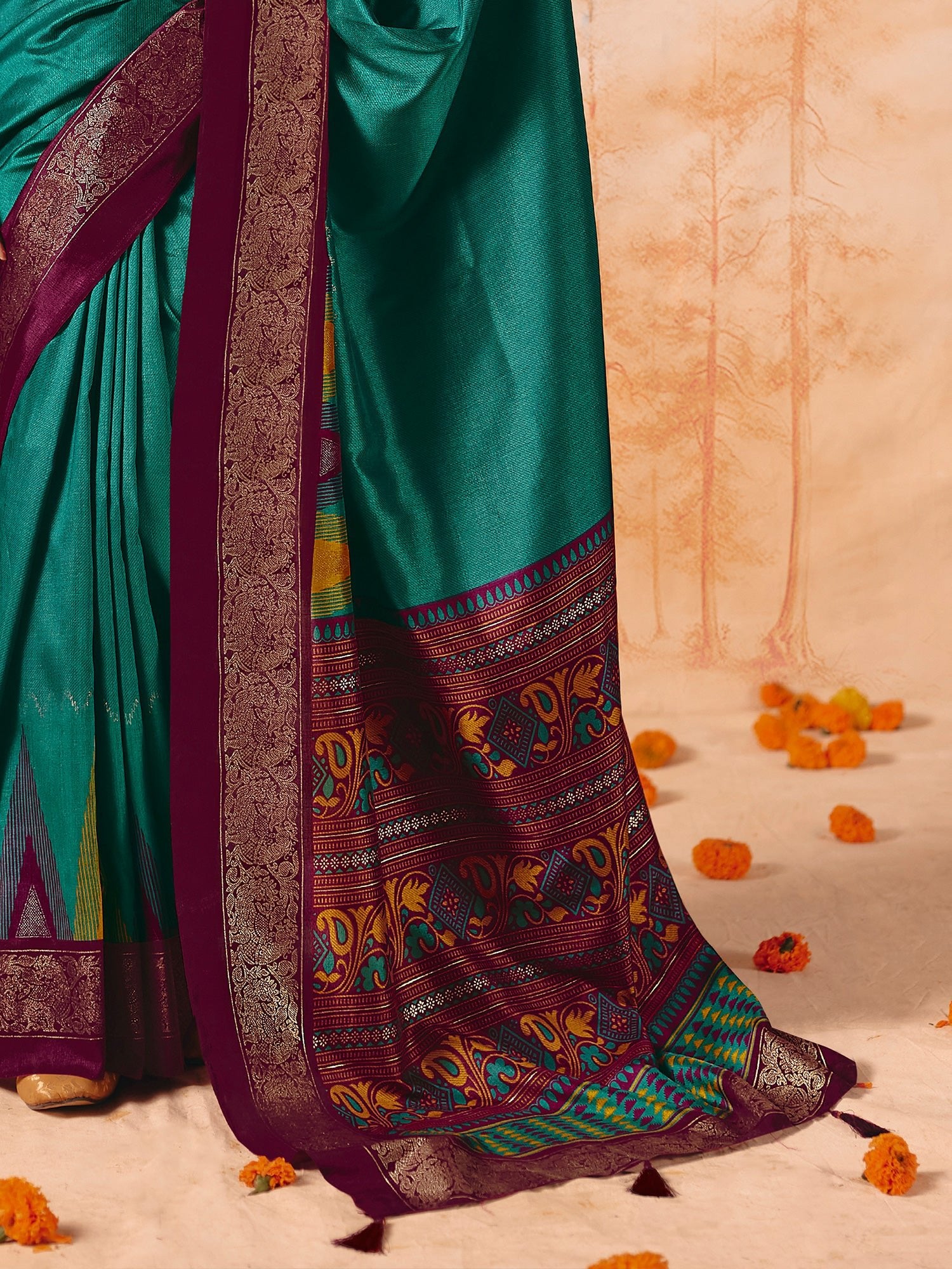 Teal & Wine Patola Silk Saree - Ressa