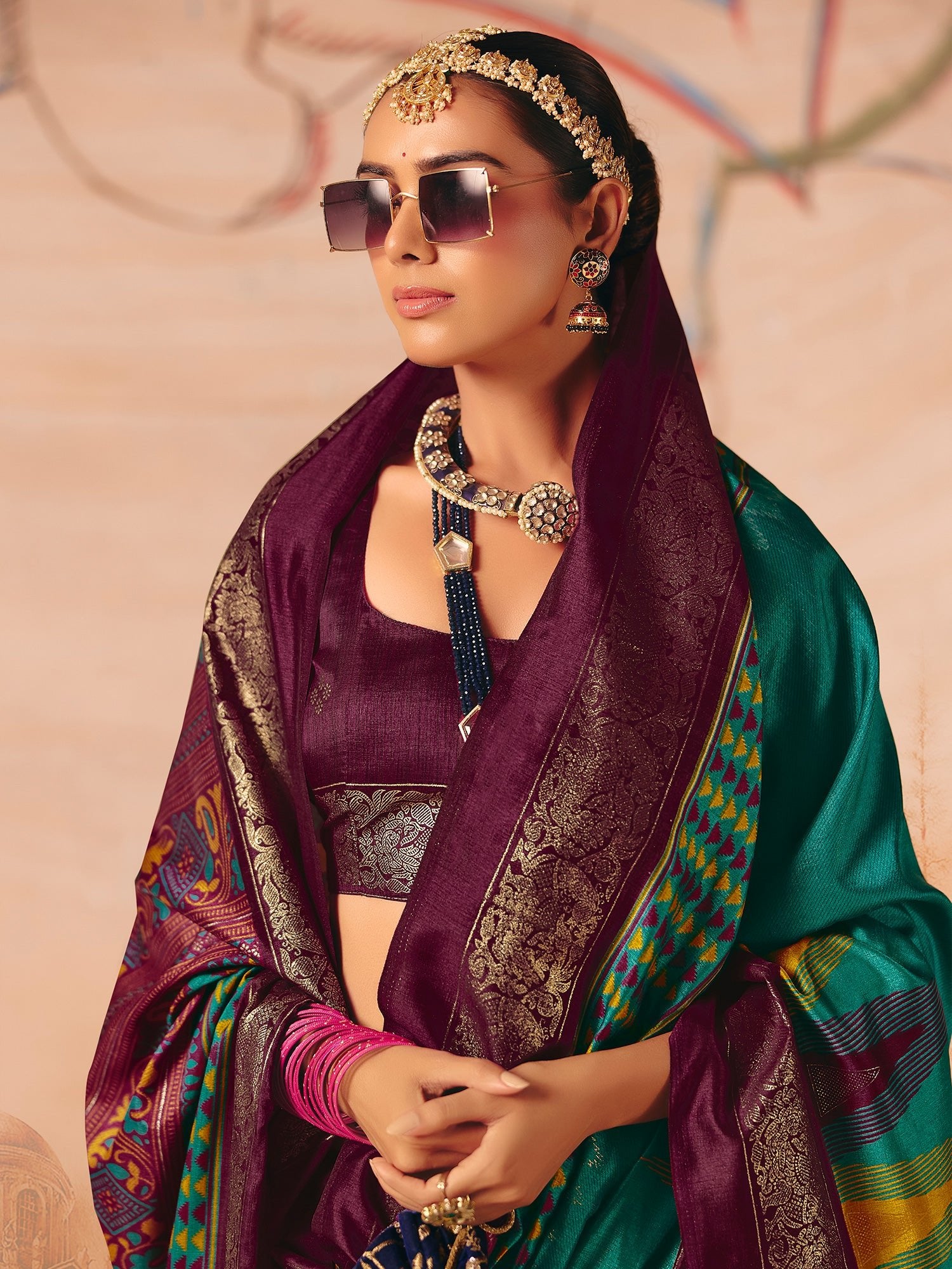 Teal & Wine Patola Silk Saree - Ressa