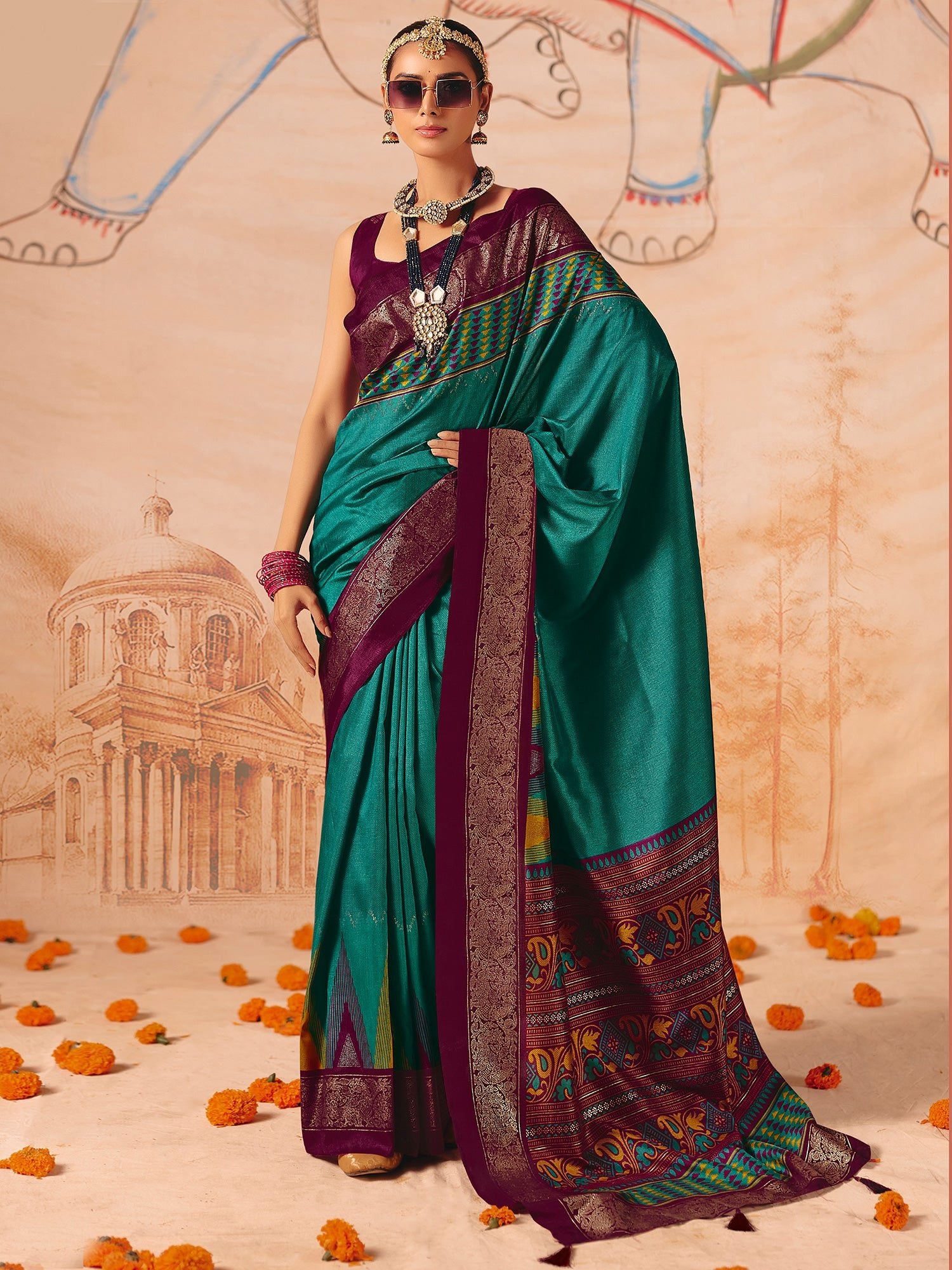 Teal & Wine Patola Silk Saree - Ressa