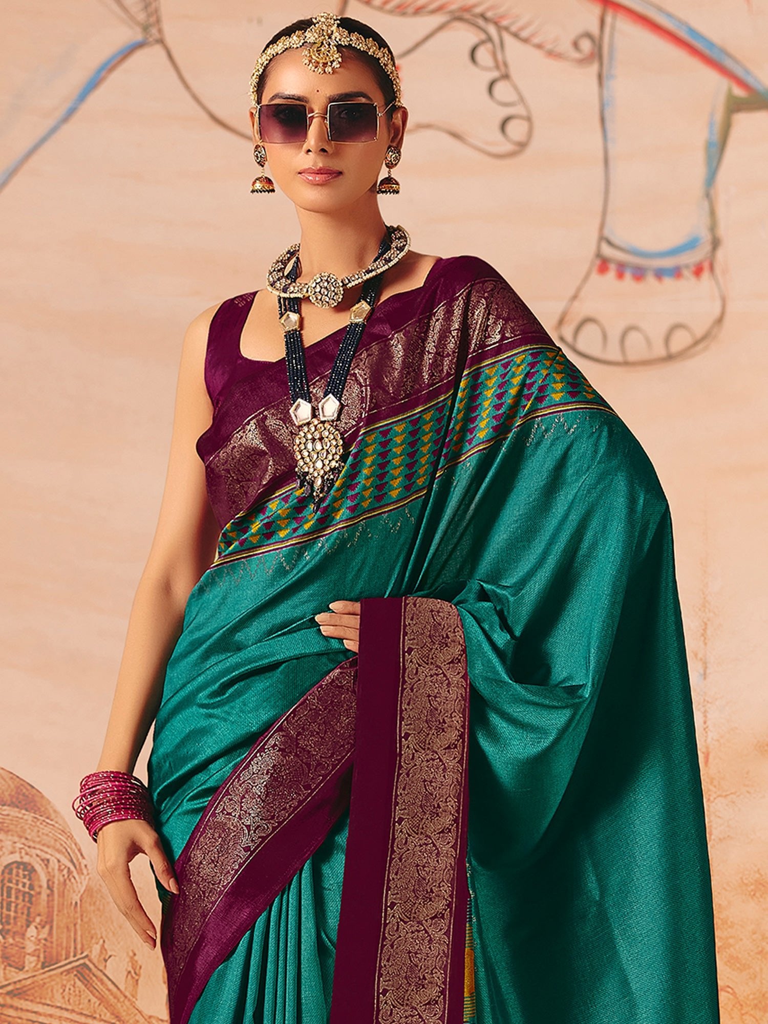 Teal & Wine Patola Silk Saree - Ressa