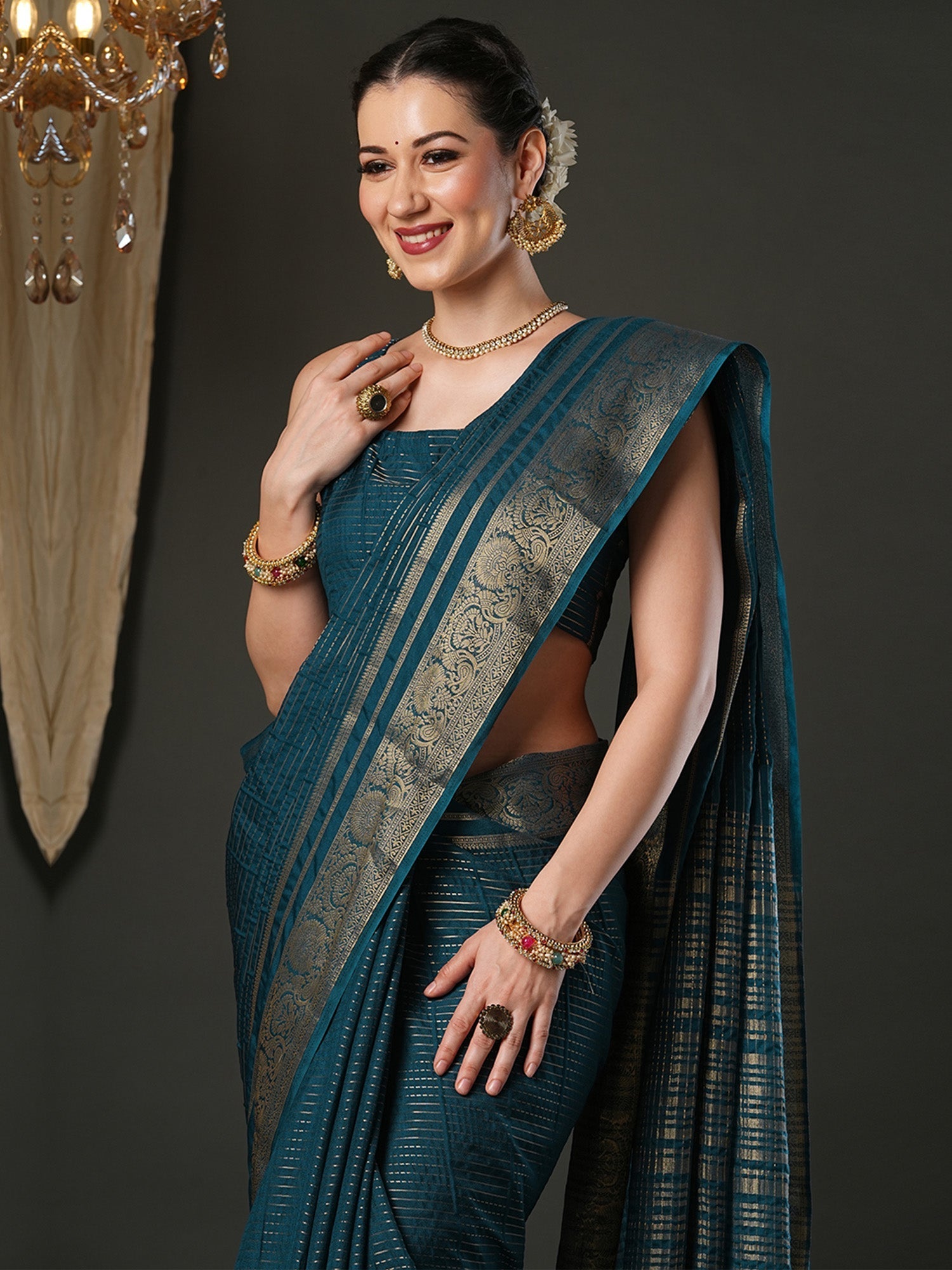 Teal Zari Weave Georgette Saree with Banarasi Border - Ressa