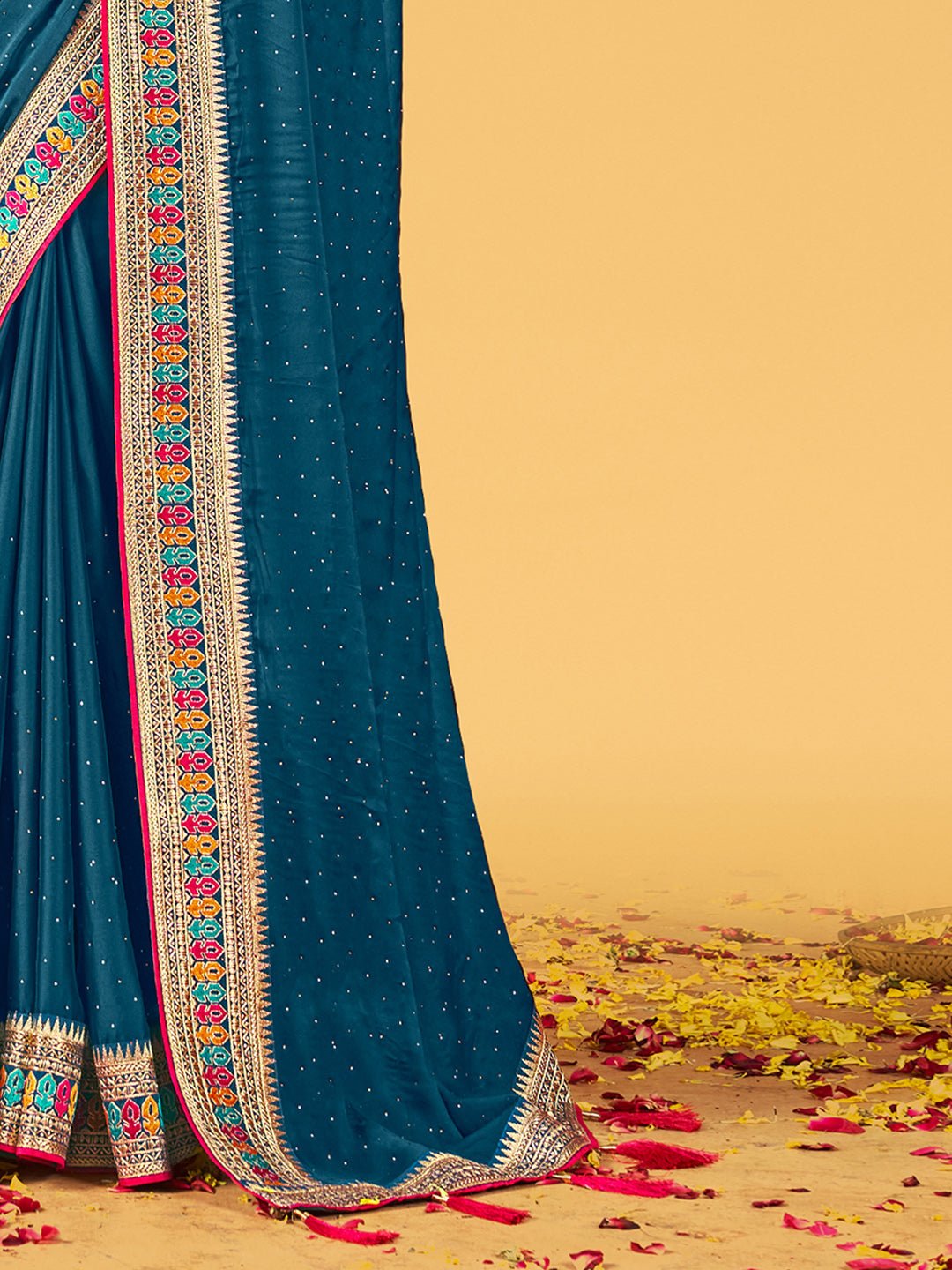 Teal Zari Work Satin Chiffon Saree - Ressa